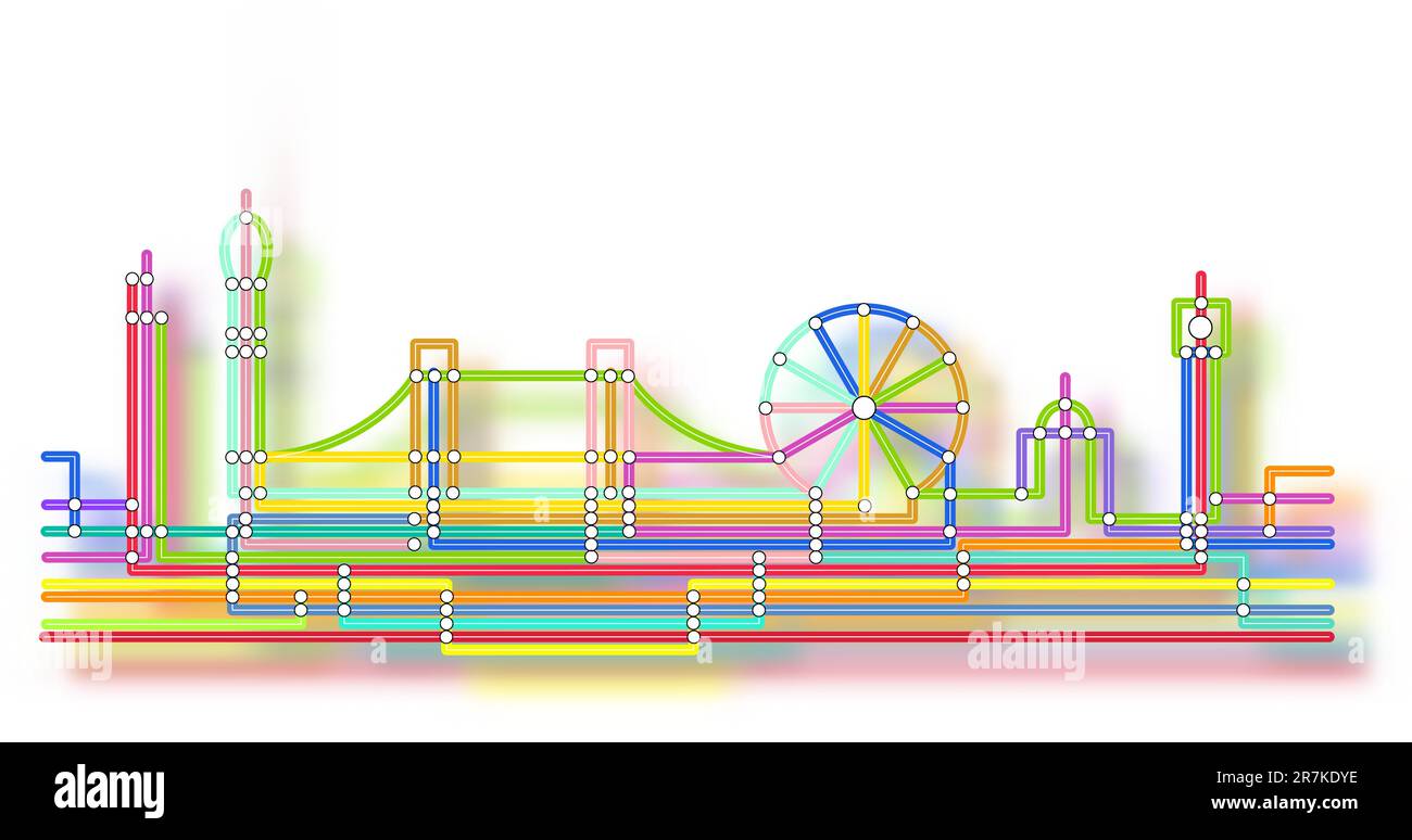 Bearbeitbares abstraktes Vektordesign der Londoner Skyline im Stil einer unterirdischen Karte mit Hintergrundlicht aus einem Verlaufsgitter Stock Vektor