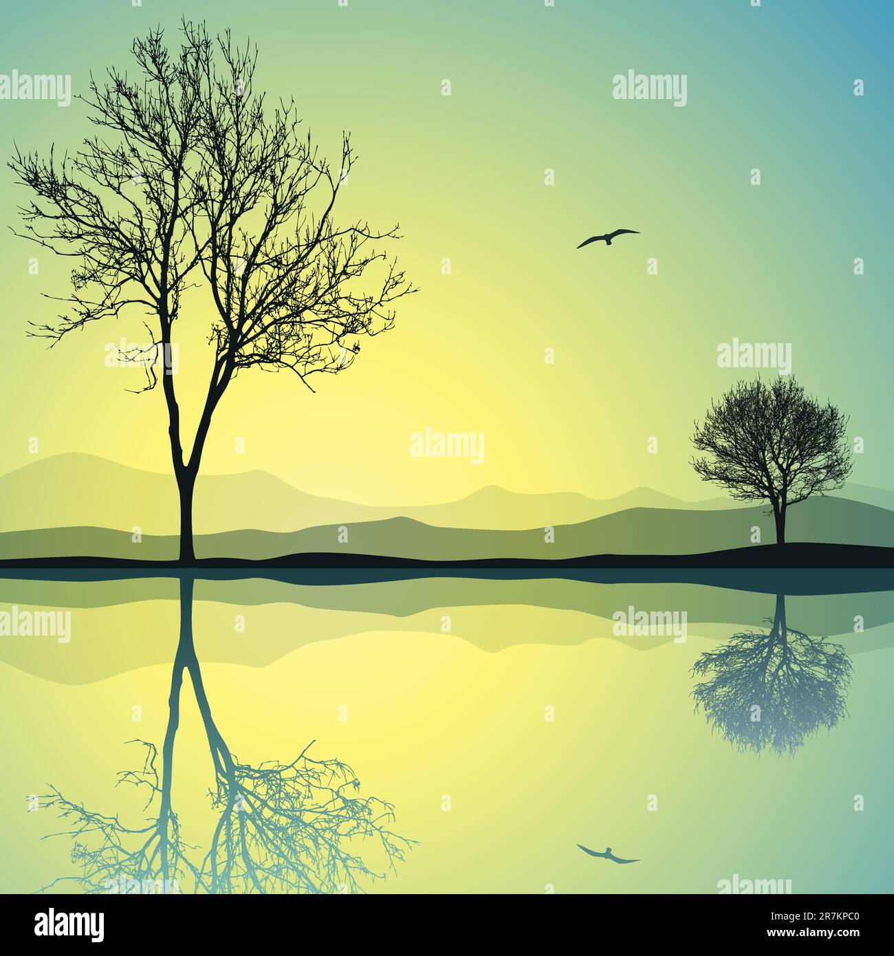Eine Vektorlandschaft mit zwei Bäumen und Reflexion im Wasser Stock Vektor