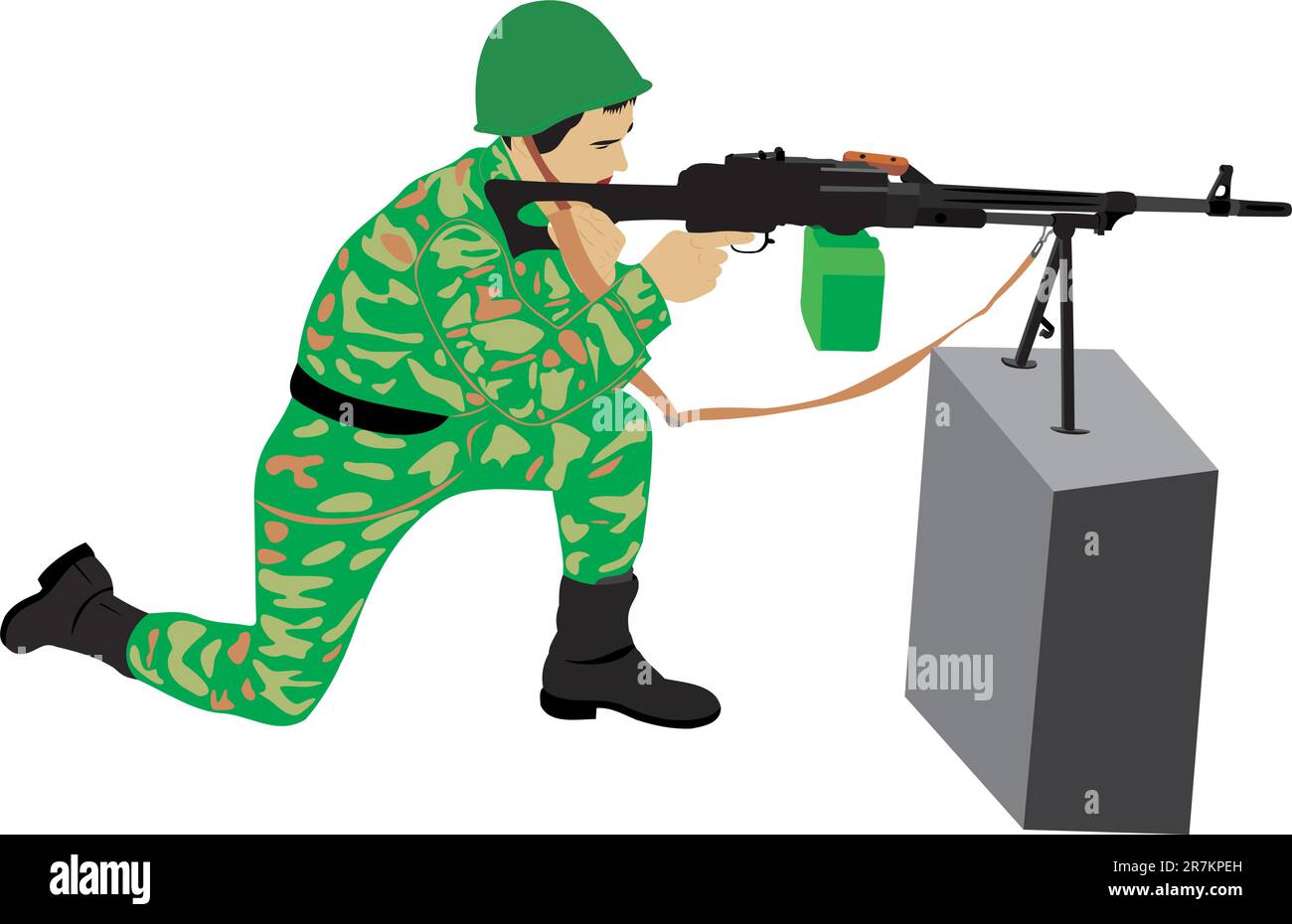 Der Schütze mit einem Maschinengewehr. Feuerwaffen. Schüsse aus einem Maschinengewehr Stock Vektor