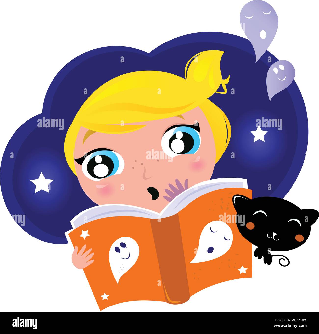 Nettes Mädchen ist das Lesen Halloween Geschichte Buch, schwarze Katze und Geister. Vector Illustration. Stock Vektor