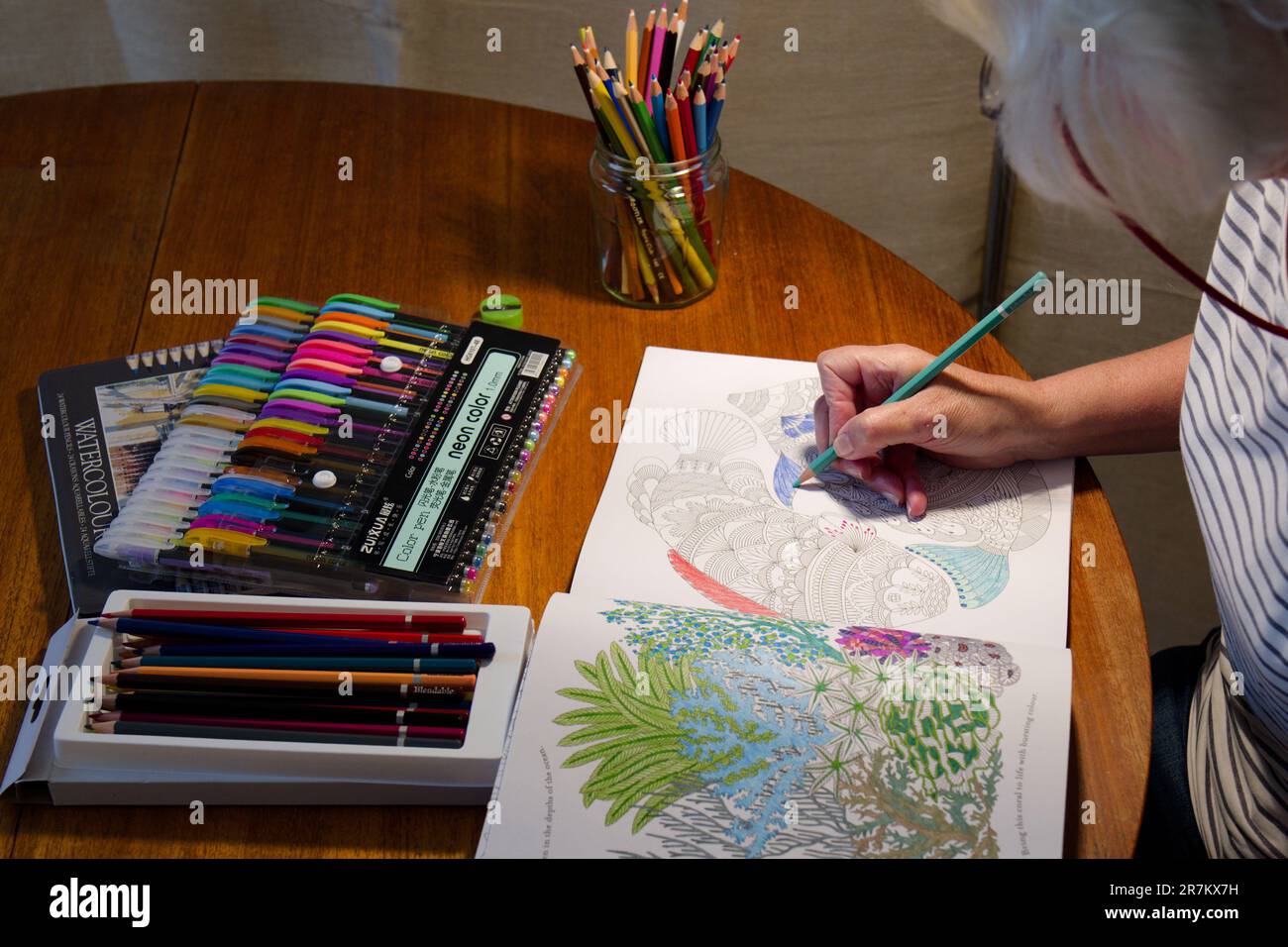 Basteln für Erwachsene – mit Bleistiften und Filzstiften färben Stockfoto