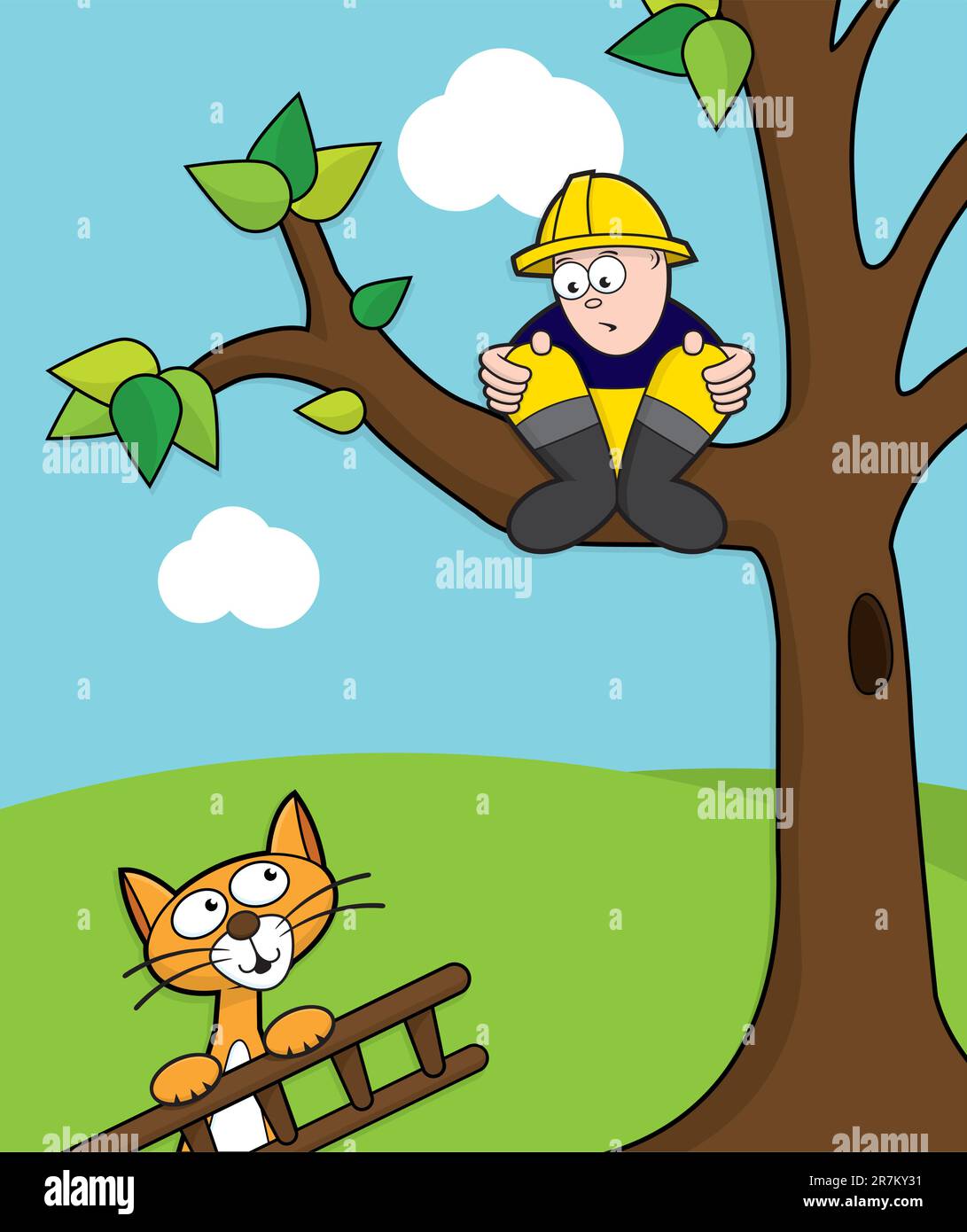 Die Katze kommt, um einen Feuerwehrmann zu retten, der mit einer Leiter auf einem Baum hängt. Stock Vektor