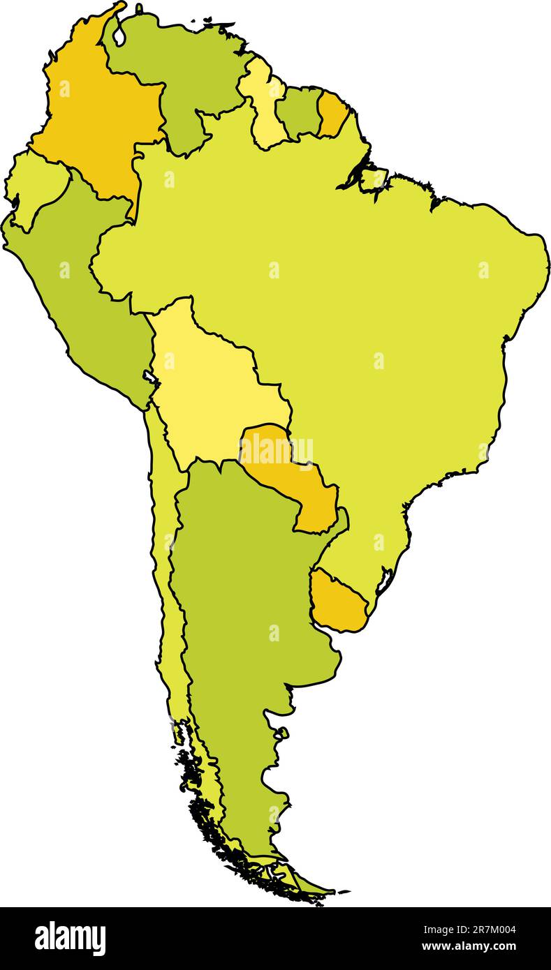 Politische Karte südamerikas mit Ländergebieten in verschiedenen Farben Stock Vektor