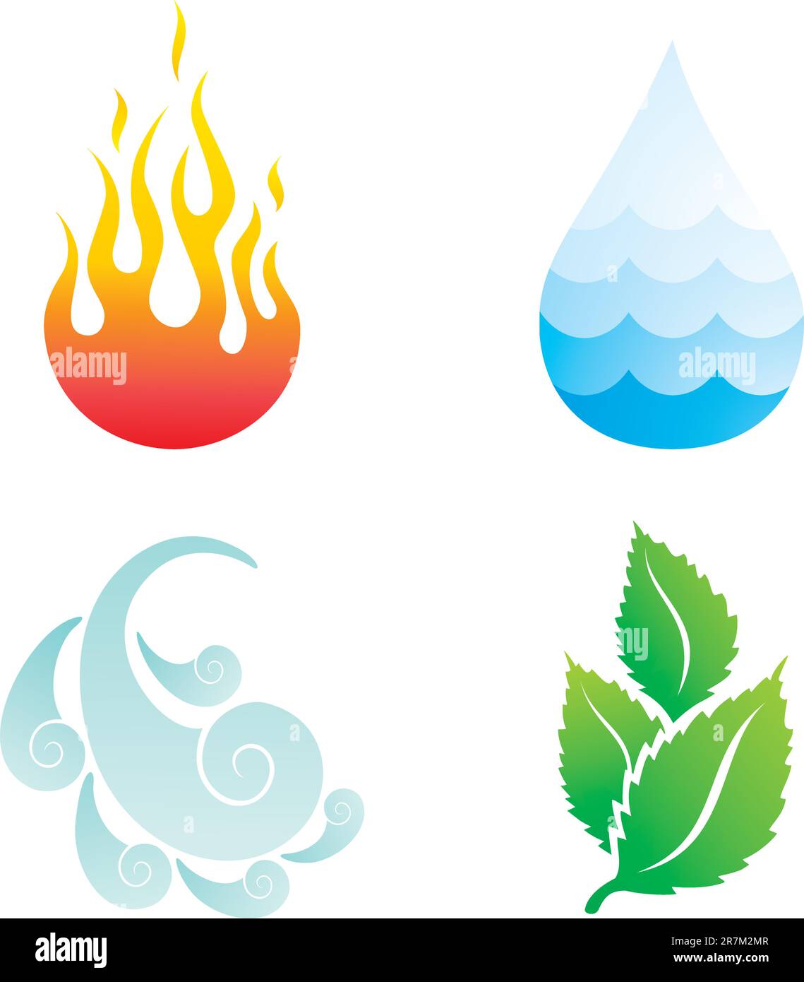 Illustrationen von vier natürlichen Elementen von Feuer, Wasser, Wind und Pflanzen Stock Vektor