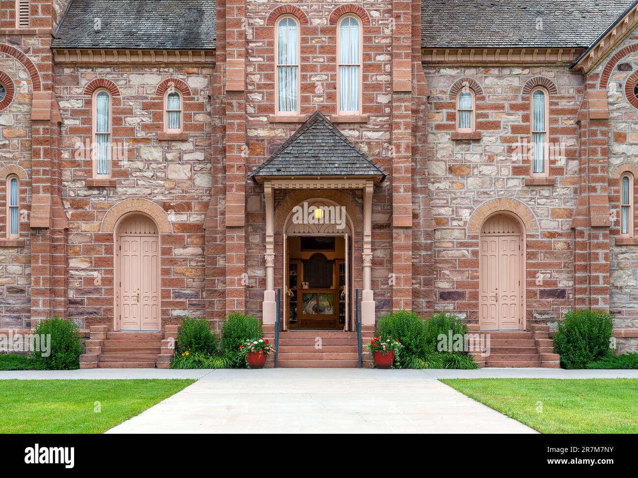 Kirche Jesu Christi der Heiligen der letzten Tage, Mormon Bear Lake Stake Tabernacle Fassade, Paris, Idaho, USA. Stockfoto