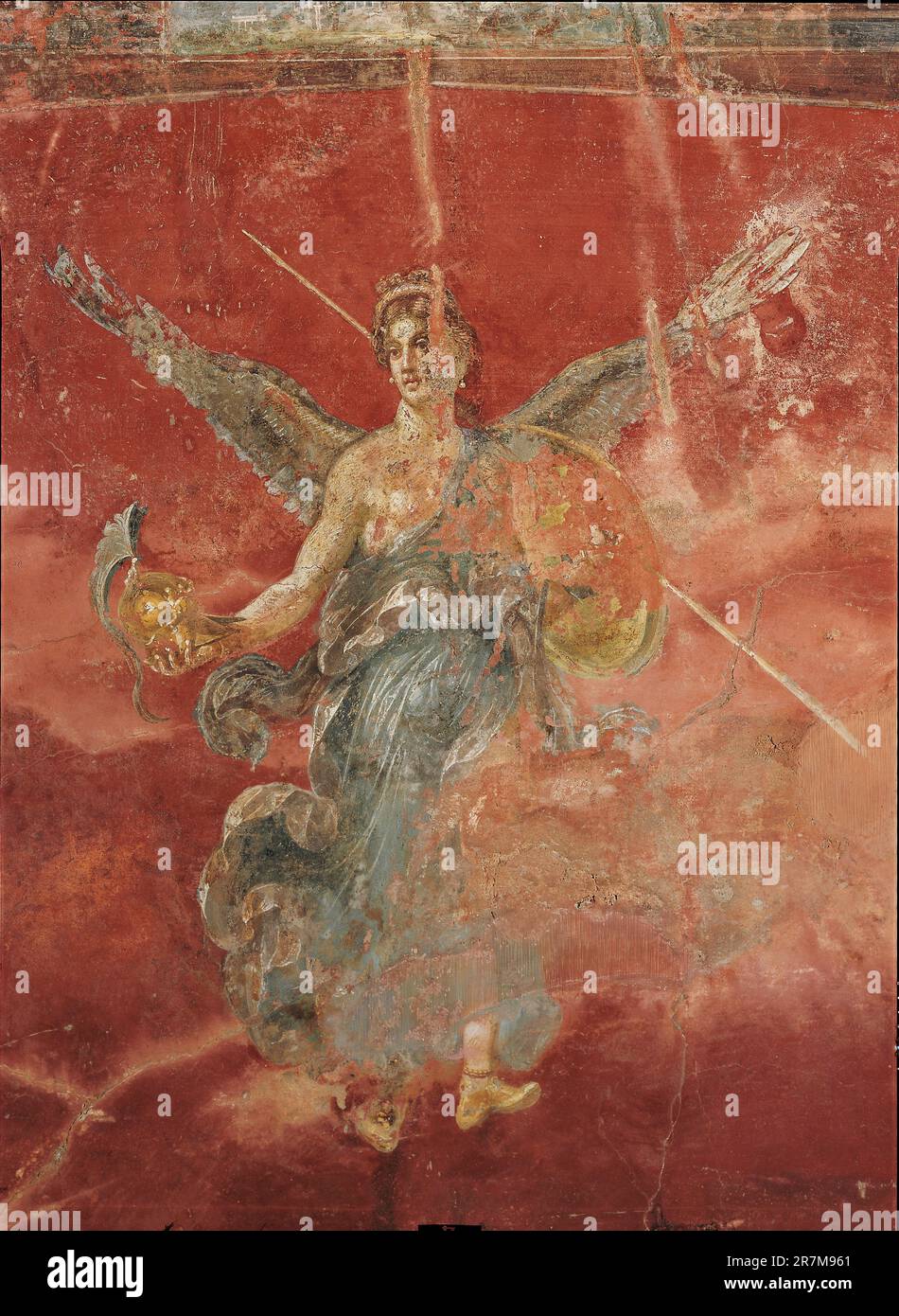 Italien Campania Moregine, Triclinium C, West Wall Victory mit Schild und korinthischem Helm: Amazonas Rom, 60-79 n. Chr. Wandmalerei Stockfoto