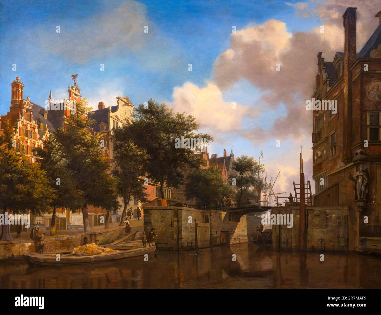 Amsterdam City View mit Häusern auf der Herengracht und dem alten Haarlemmersluis, Jan van der Heyden, circa 1670, Rijksmuseum, Amsterdam, Niederlande, E Stockfoto