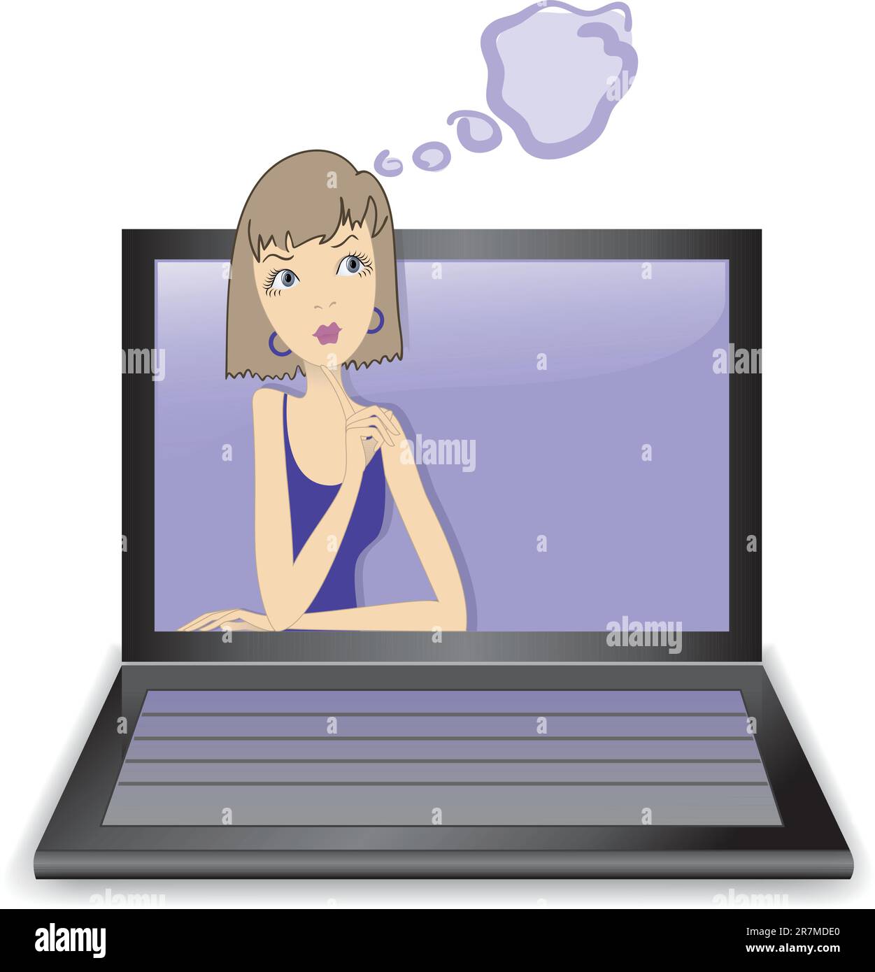 Ein wunderschönes, aufmerksames Mädchen sieht vom Laptop aus Stock Vektor