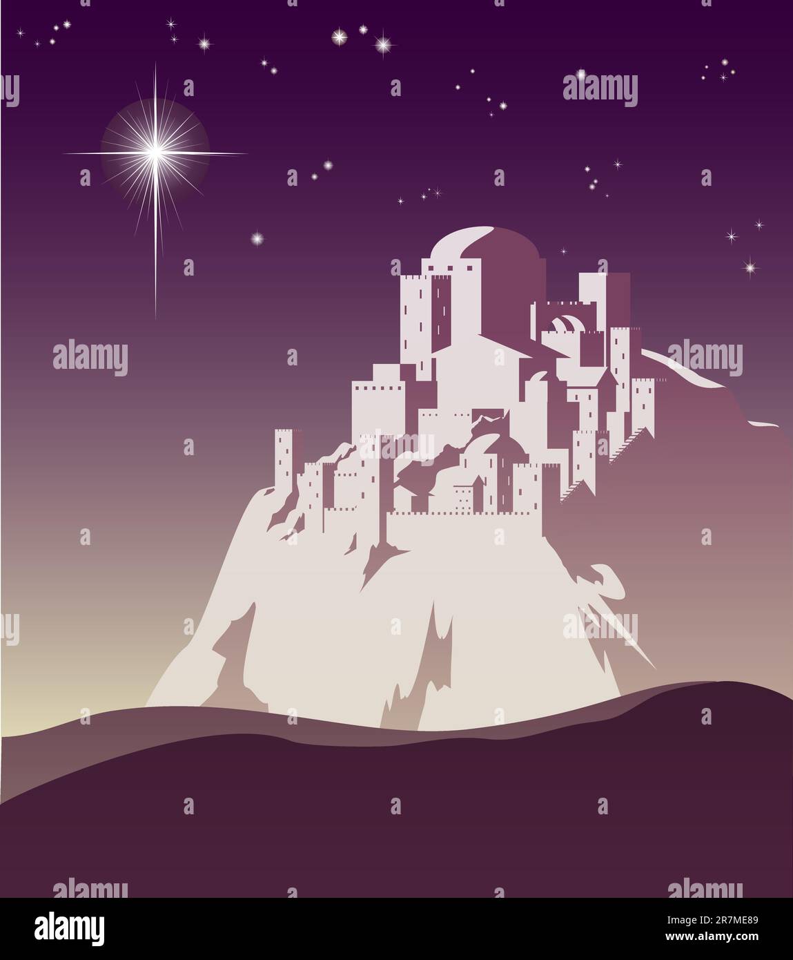 Abbildung von Weihnachtsstern über Bethlehem, die Ankündigung der Geburt Jesu Stock Vektor