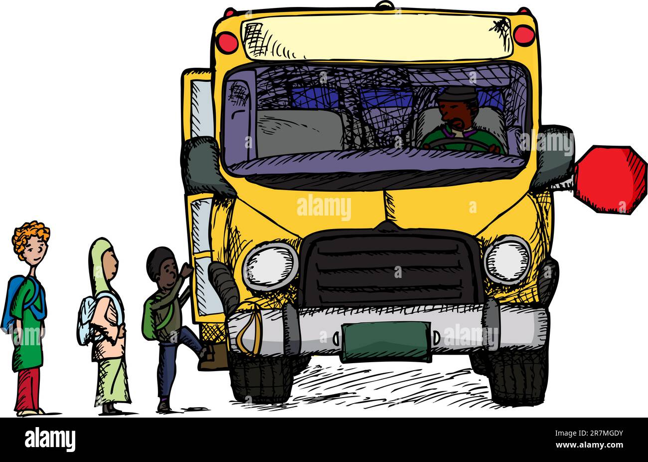 Eine vielfältige Gruppe von Kindern steigt in einen großen gelben Schulbus Stock Vektor