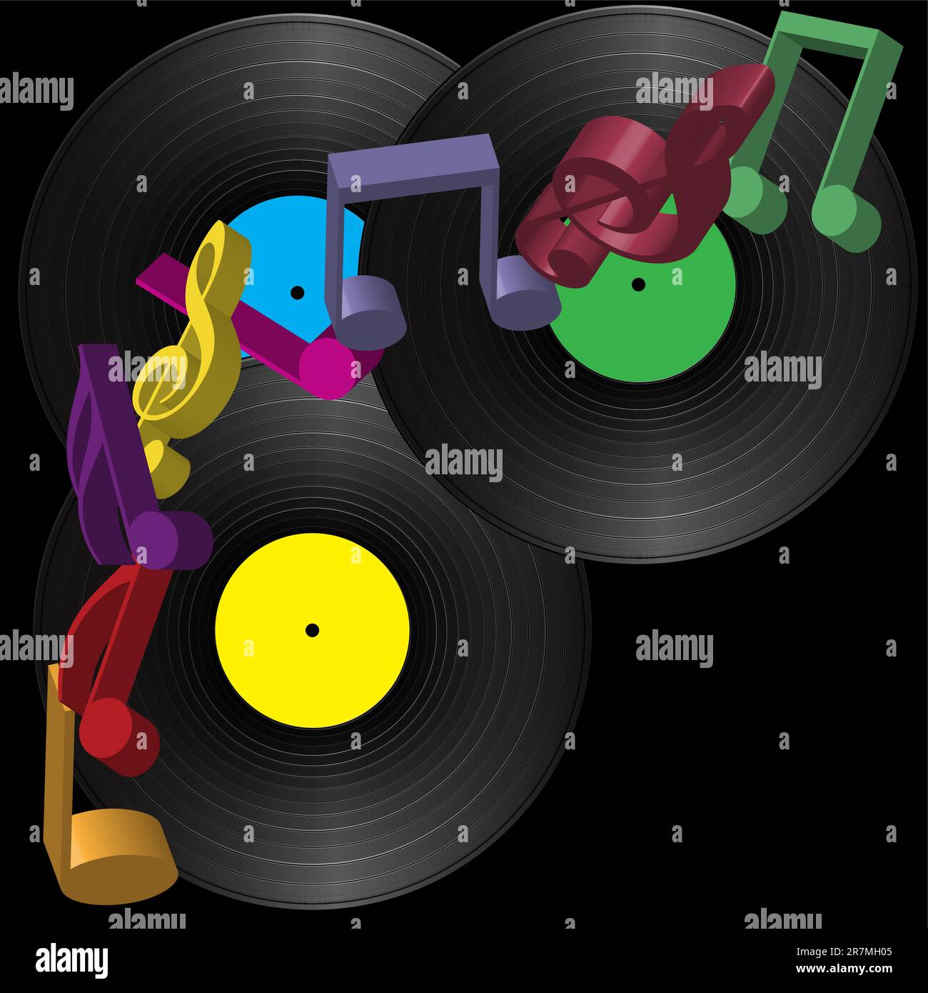 Parteihintergrund – Vinyl-Datensätze und mehrfarbige Notizen Stock Vektor