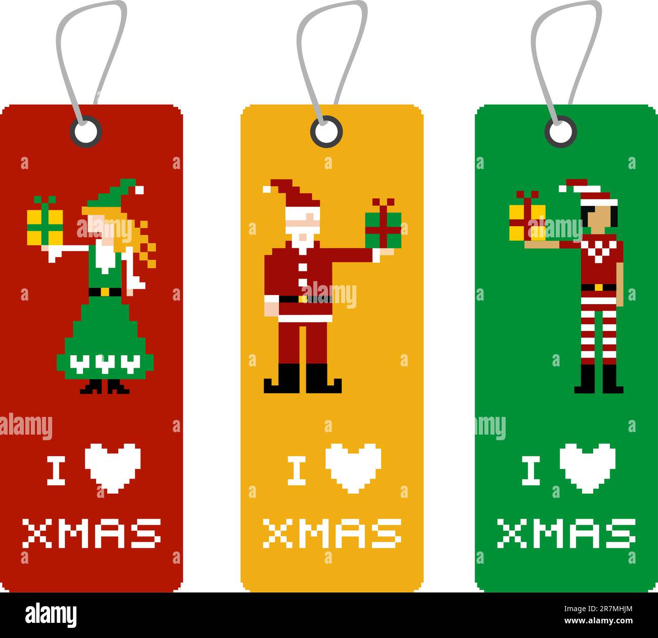 Weihnachten-Label mit verschiedenen lustigen Saison gepixelten Zeichen. Stock Vektor