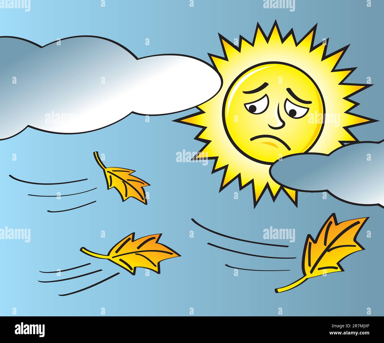 Der Herbstbeginn mit Blättern, die im Wind wehen, während eine traurige Sonne durch die Wolken hindurchblickt. Stock Vektor