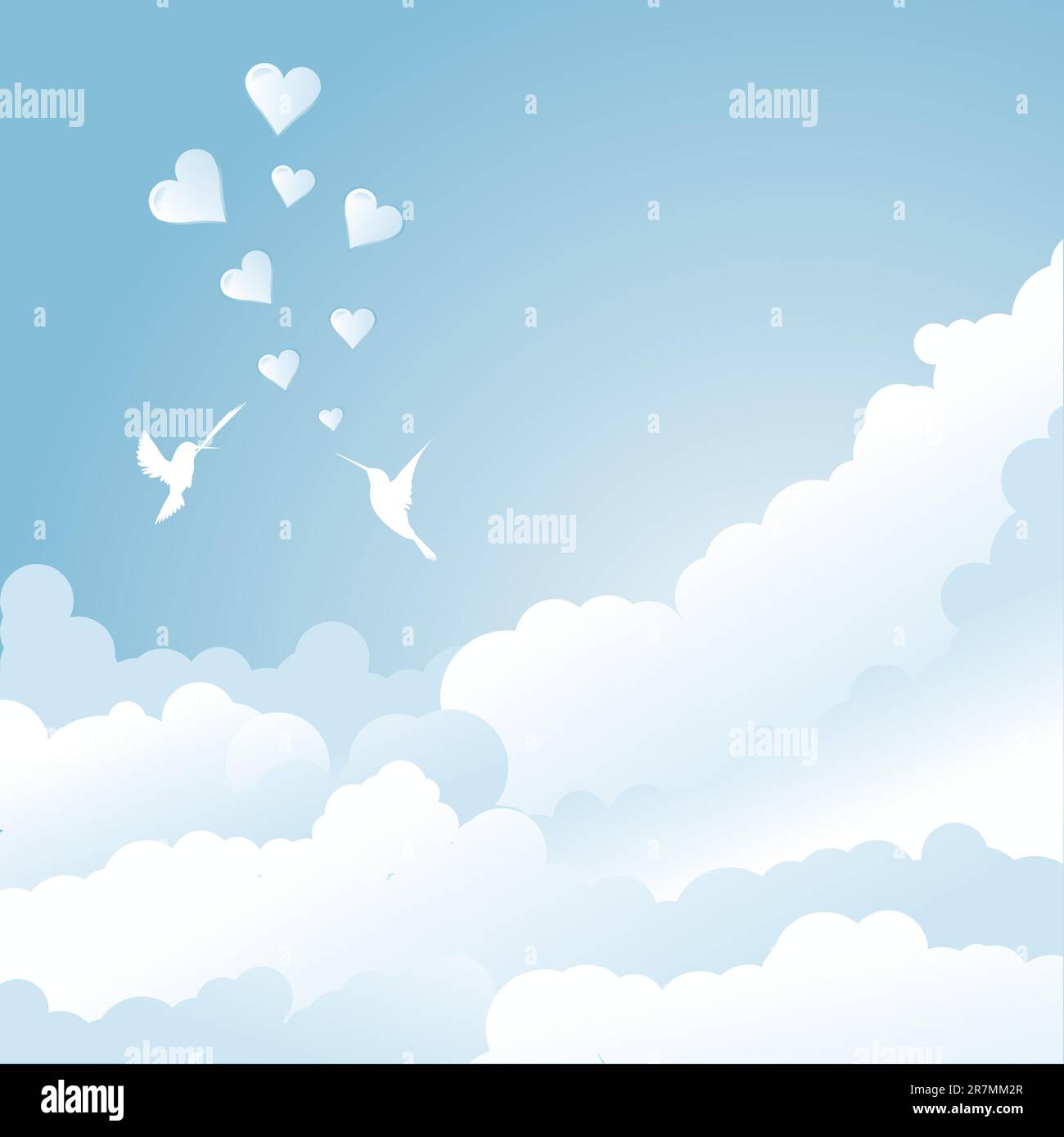 Vogelliebe am blauen Himmel mit Wolken und Herzen Stock Vektor