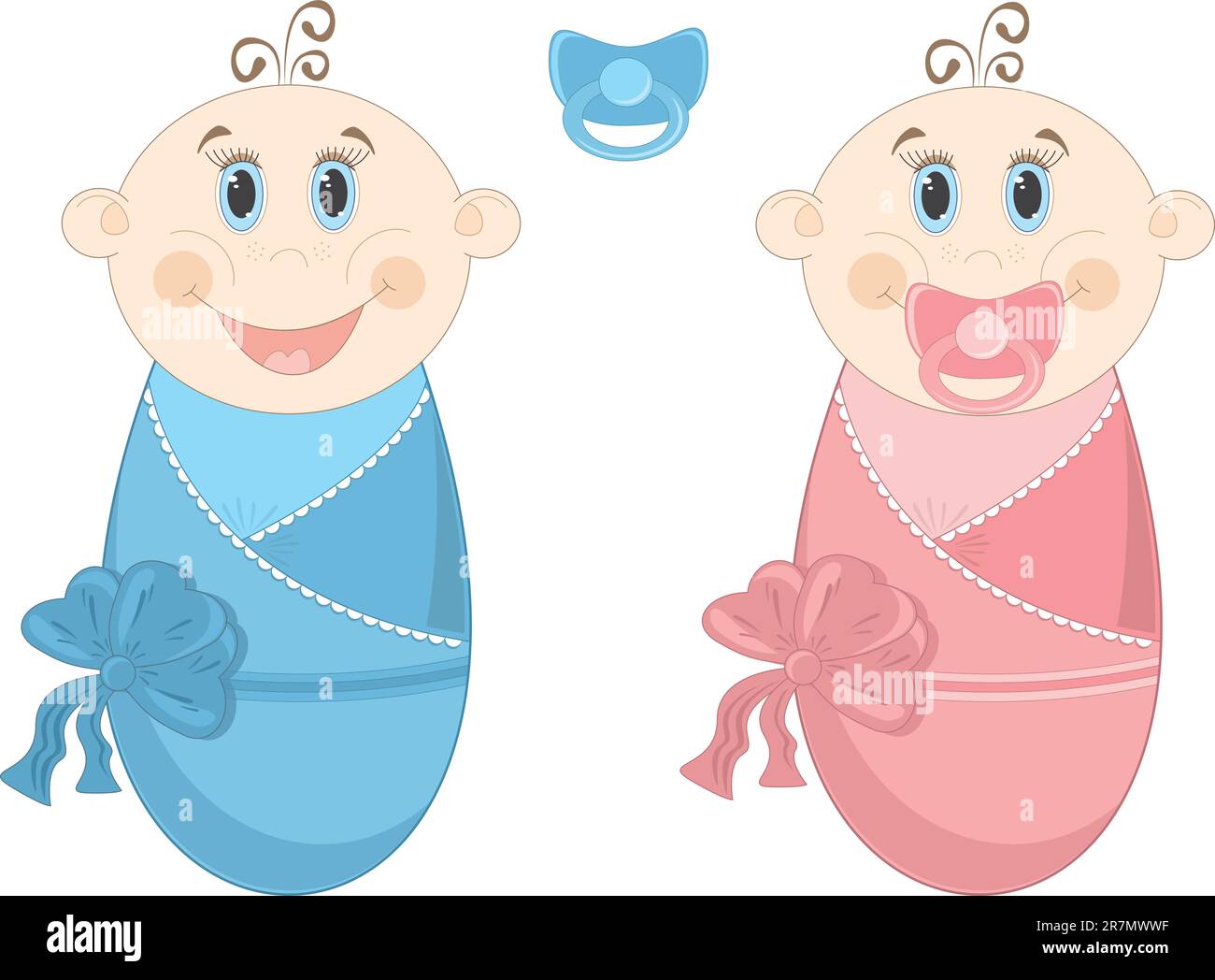 Zwei glückliche Babys in Windeln mit großen blauen Augen. Vektordarstellung. Stock Vektor