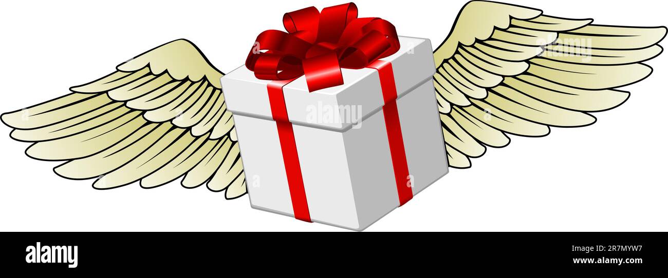 Abbildung eines Geschenks mit gefiederten Flügeln fliegen Stock Vektor