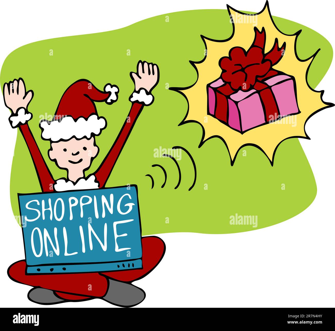 Ein Bild von einem Mann zu Weihnachten einkaufen präsentiert online. Stock Vektor