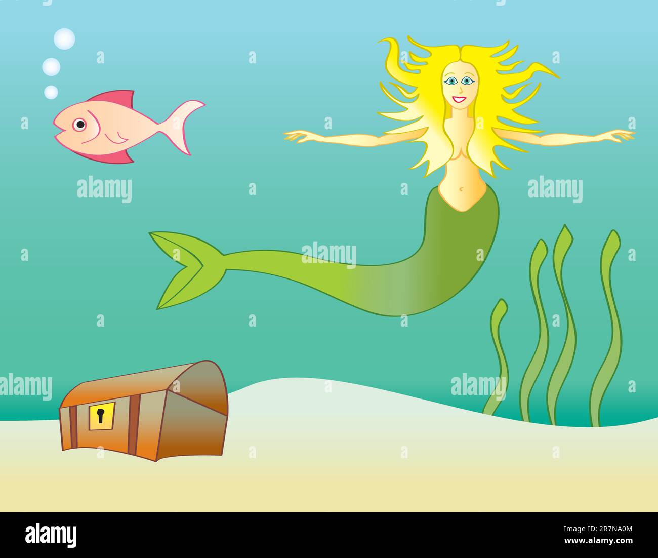 Eine Meerjungfrau schwimmt unter dem Meer mit einem Fisch und einer Schatztruhe in der Nähe. Stock Vektor