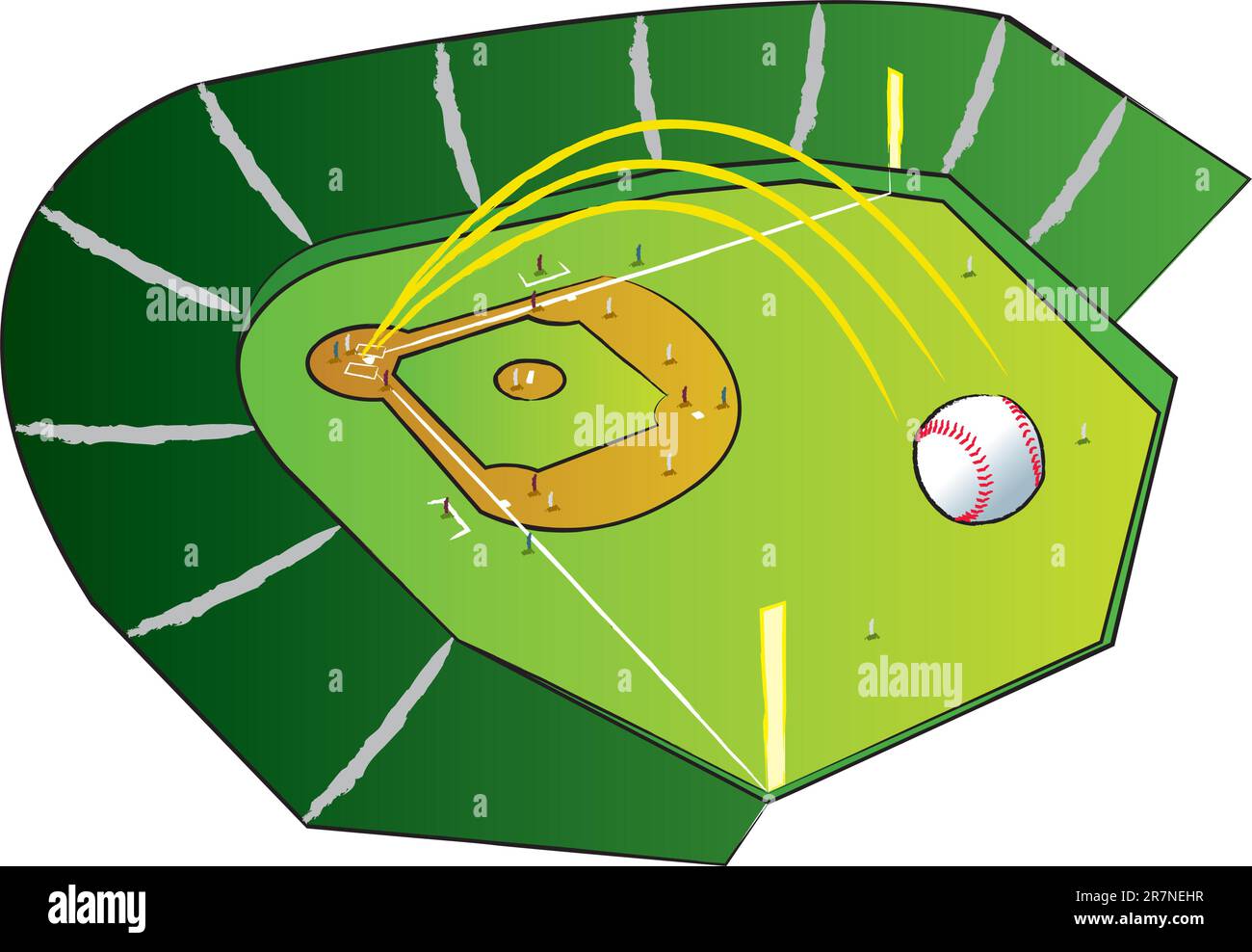 Ein Baseball, der hoch aus dem Park fliegt, mit Bases beladen. Stock Vektor