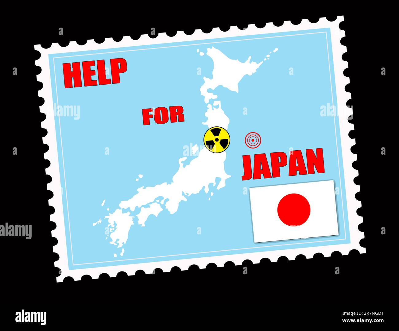 Briefmarke mit japanischer Karte mit Gefahr auf einem Atomkraftwerk und einem seismischen Epizentrum Stock Vektor