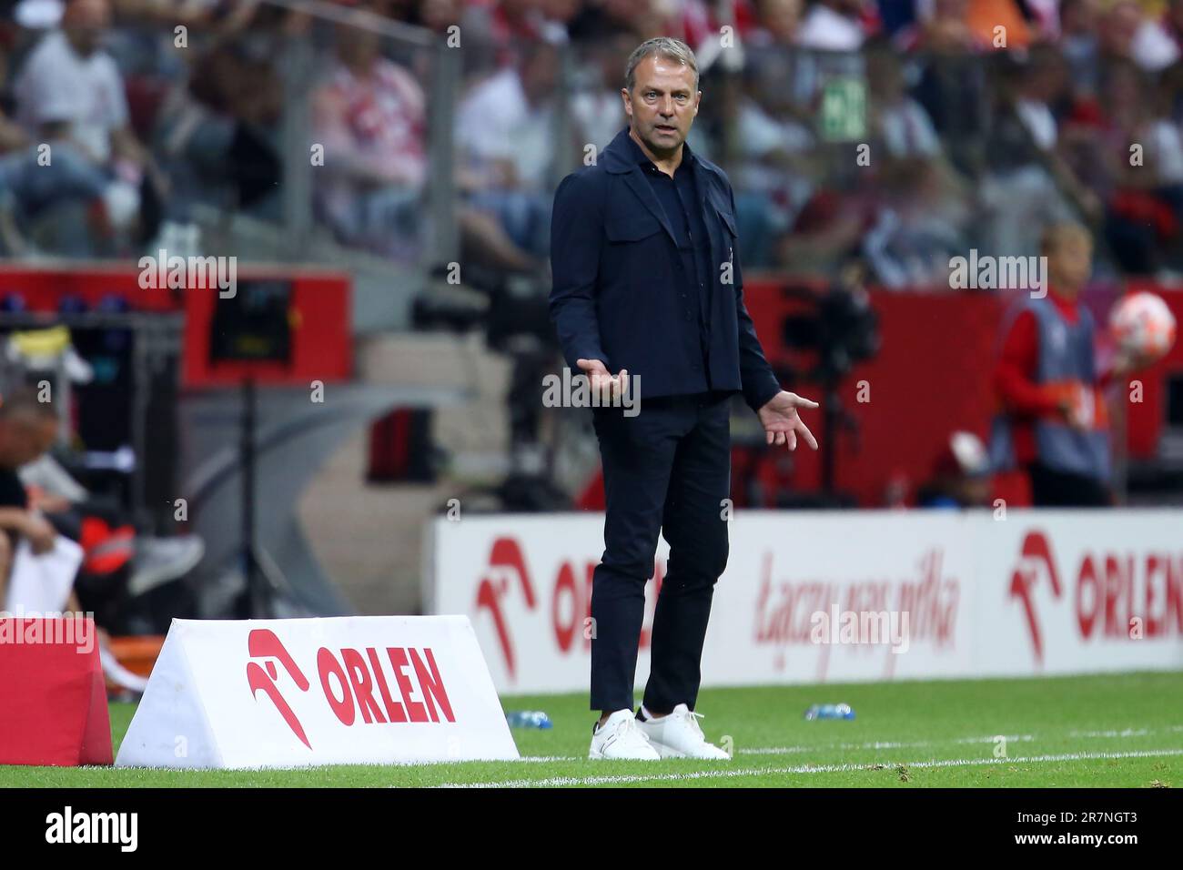 Trainer Hansi Flick von Deutschland beim internationalen Freundschaftsspiel zwischen Polen und Deutschland am 16. Juni 2023 bei PGE Narodowy in Warschau, Polen Stockfoto