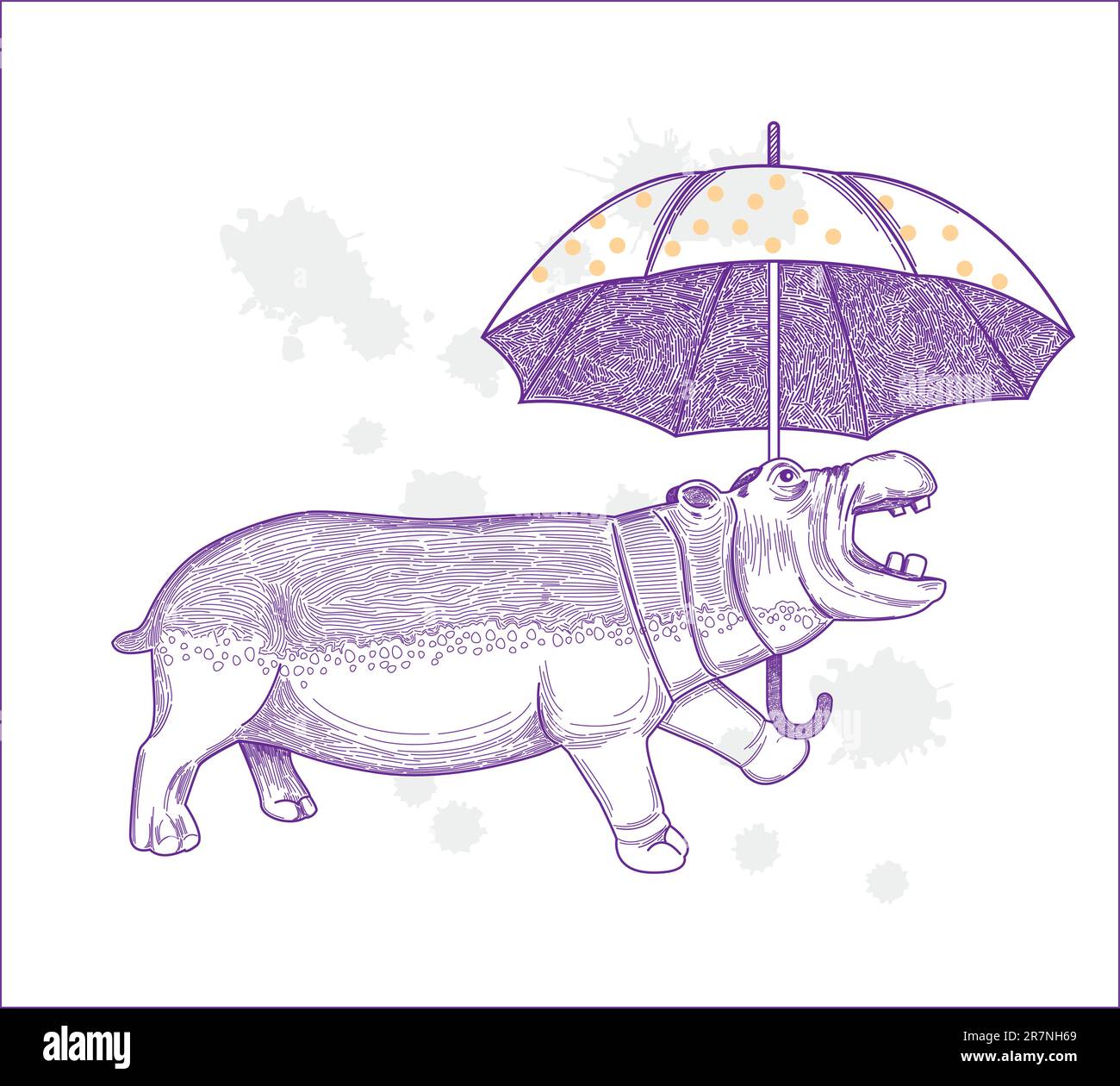 Ein Plumpen Nilpferd bleibt trocken unter einem gefleckten Regenschirm während eines Regensturms in dieser detaillierten Linienzeichnung, Dies ist eine Vektordatei, die Programme erfordert... Stock Vektor