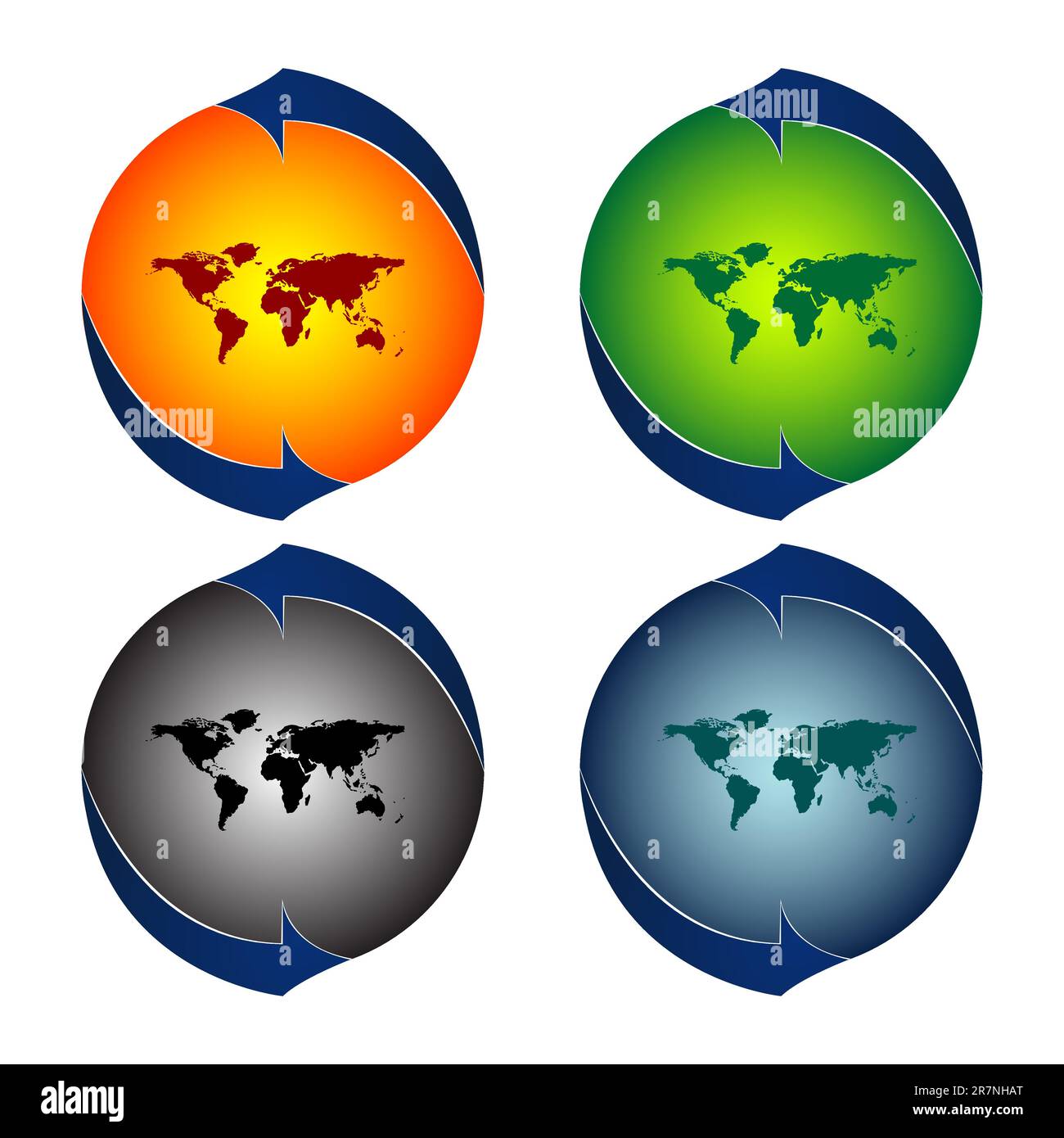 Runde Logos mit Weltkarte vor weißem Hintergrund, abstrakte Vektorgrafik Stock Vektor