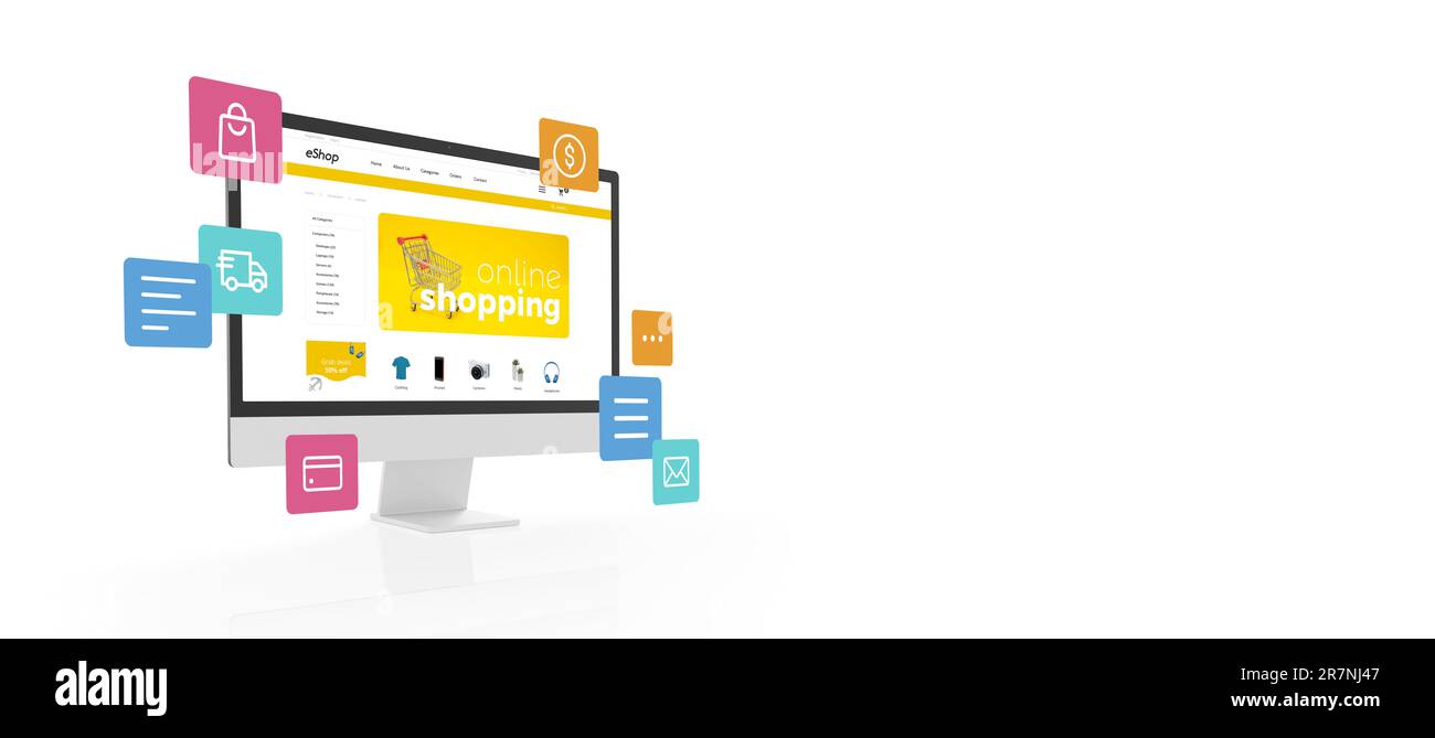 Computerdisplay mit Online-Shopping-Text zum Konzept der E-Commerce-Webseite. Fliegende Einkaufssymbole und Kopierbereich daneben. Isoliert in Stockfoto