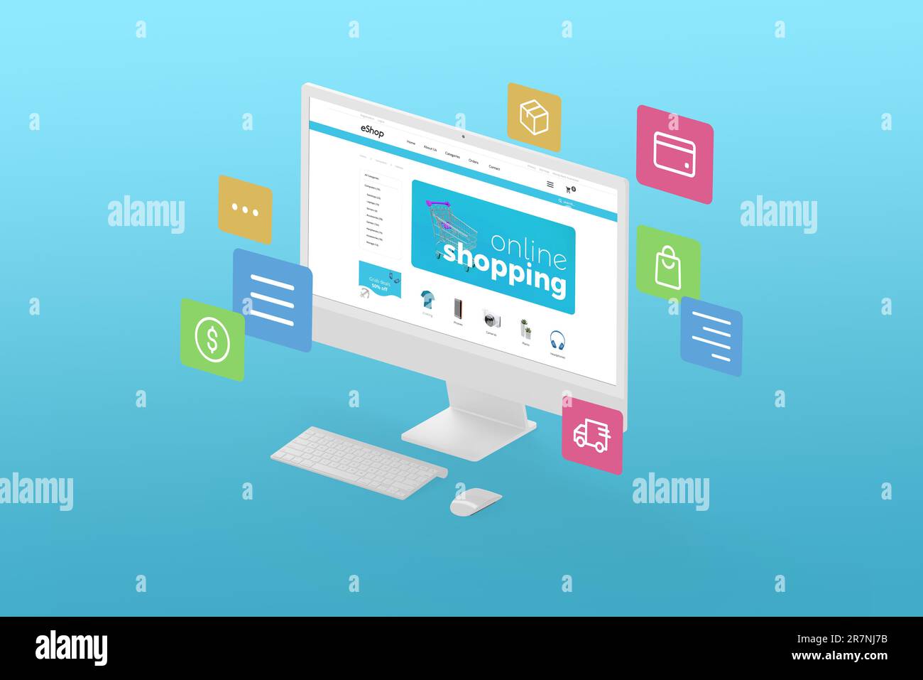 Abbildung des Online-Einkaufs mit Computerdisplay in isometrischer Position und E-Commerce-Webseite mit Produkten. Daneben fliegende Symbole. Blauer Hintergrund Stockfoto
