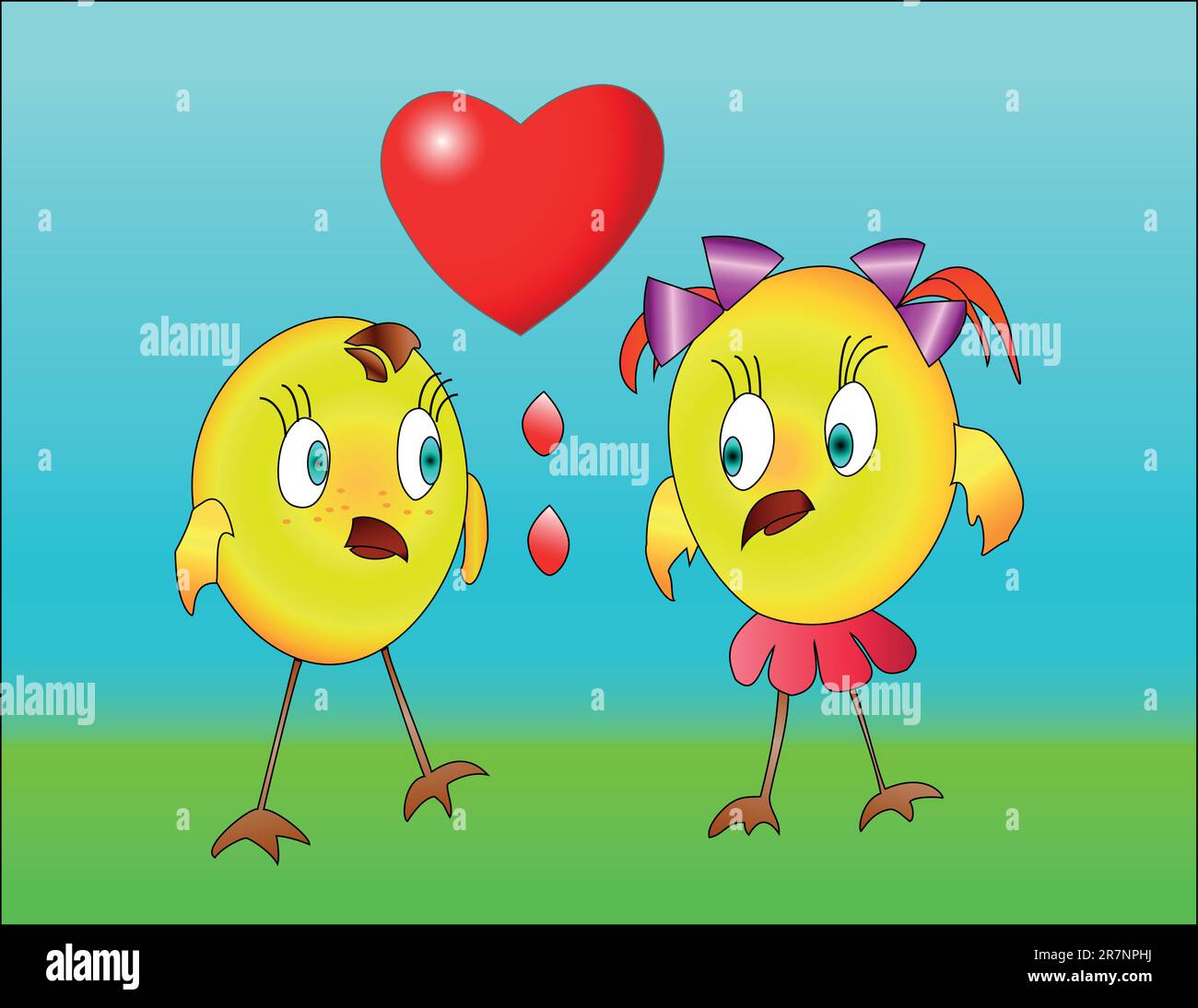 Zwei kleine Vögel, Junge und Mädchen im blauen und grünen Hintergrund. Neben ihnen, Herz Stock Vektor