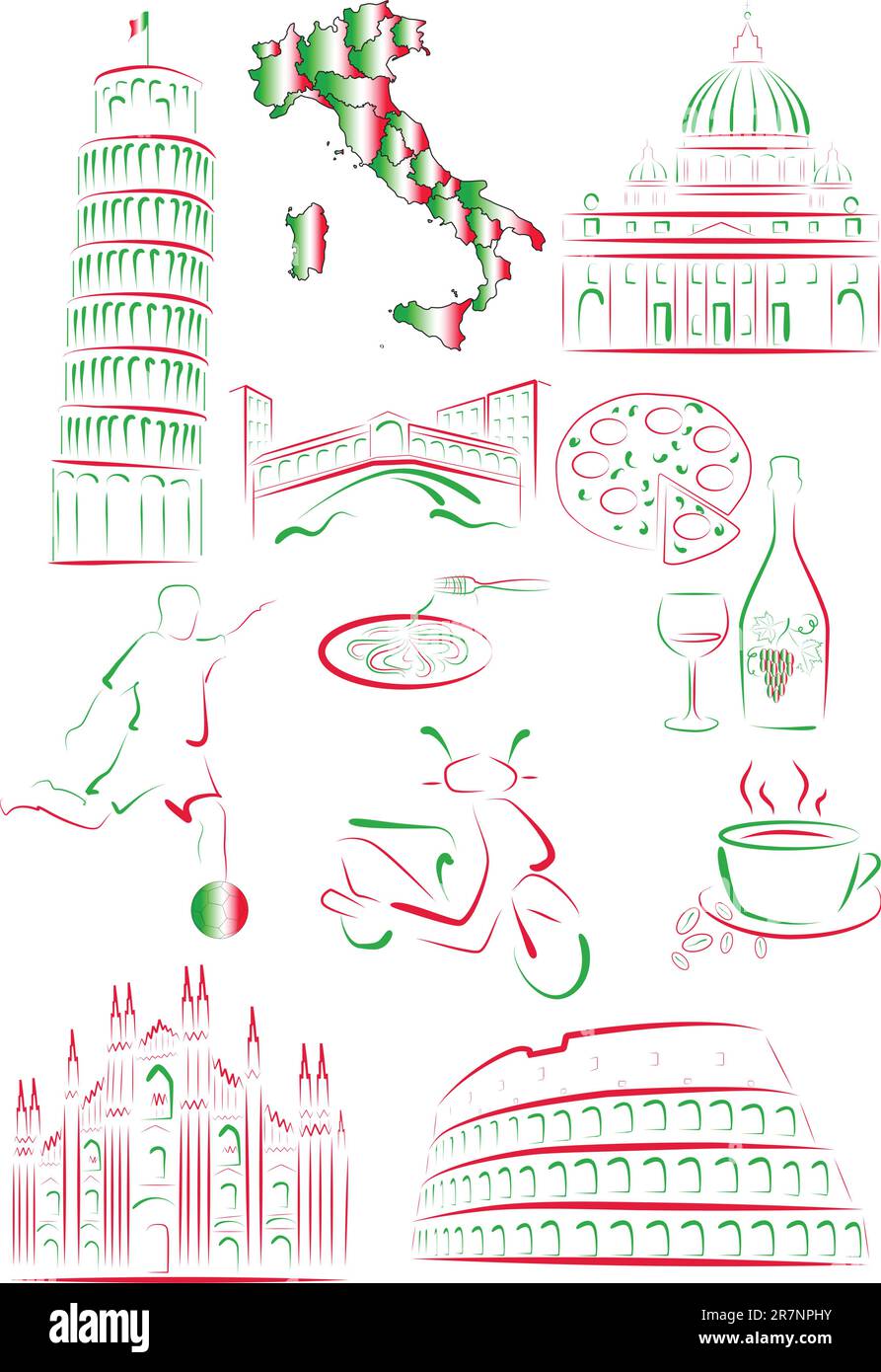 Eine Reihe von Vektorzeichnungen stilisierter Sehenswürdigkeiten und Symbole Italiens. Stock Vektor