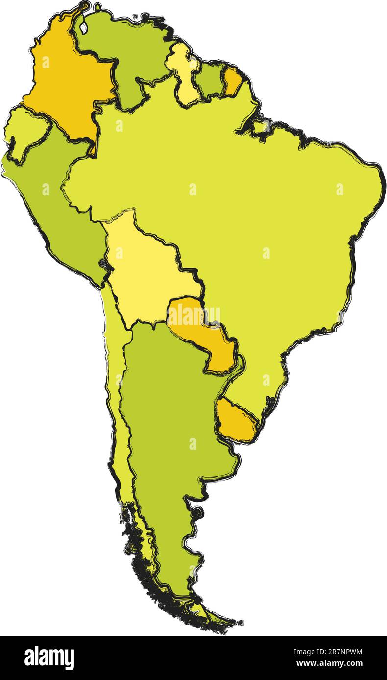 Politische Karte südamerikas mit Ländergebieten in verschiedenen Farben Stock Vektor