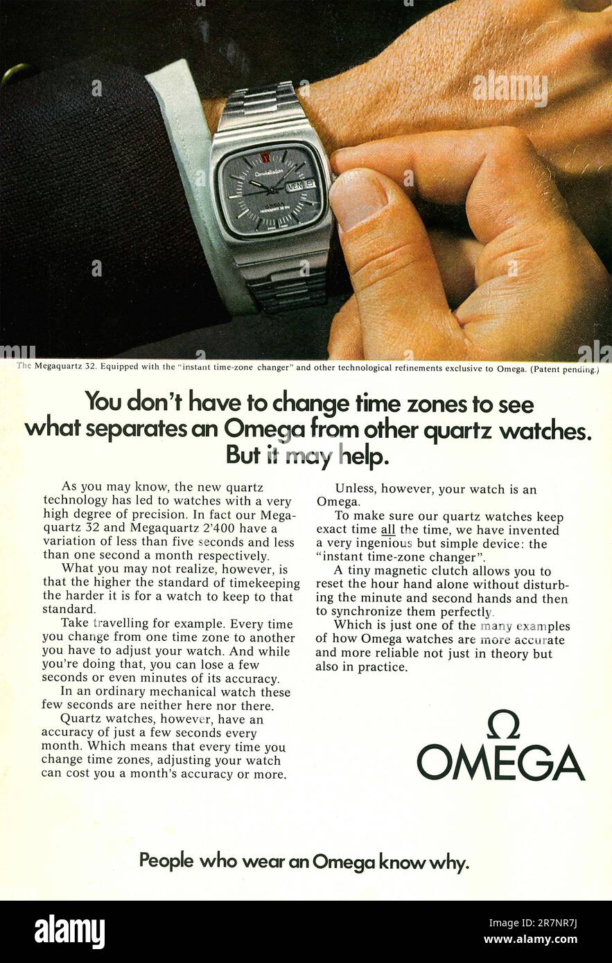 Omega Megaquartz 32-Werbespot in einer Zeitschrift 1975 Stockfoto