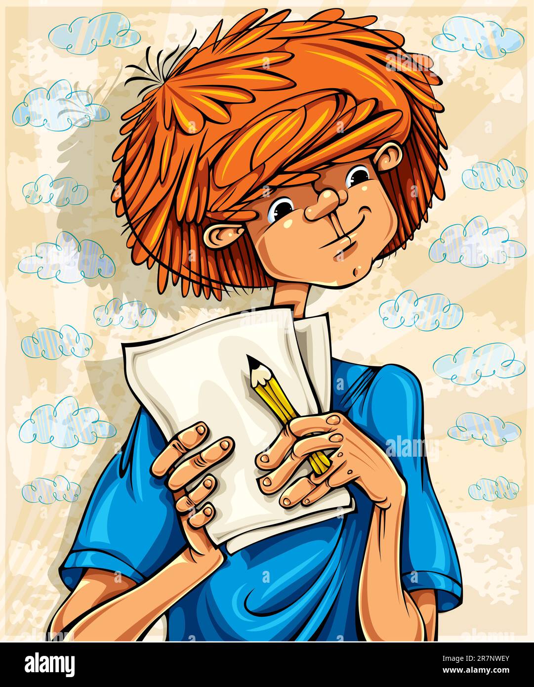 Teenager-Junge, haariger roter Kopf, mit Bleistift und Papiertüchern, junger Künstler. Vektordarstellung. Stock Vektor