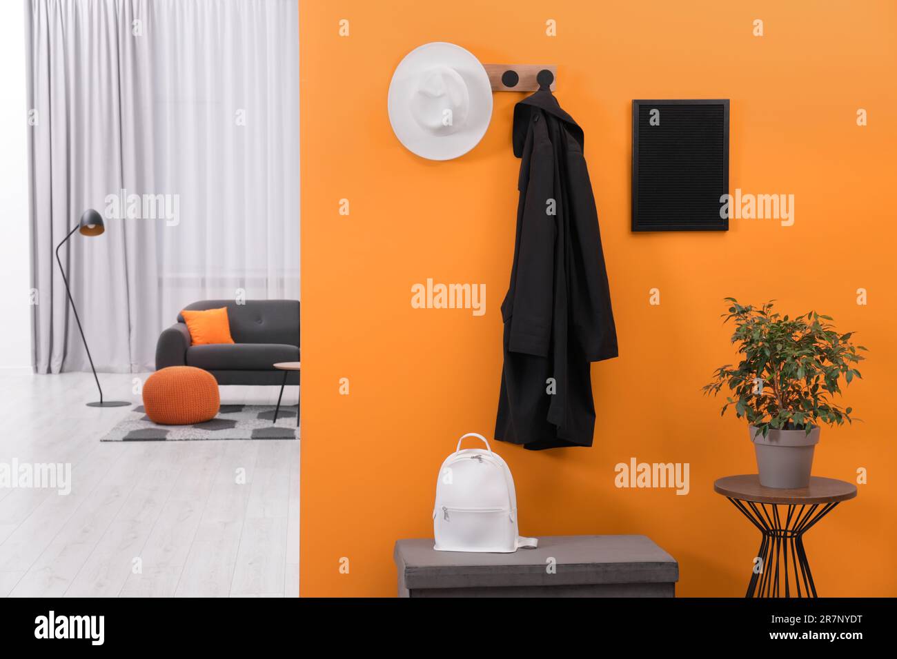 Hut, Mantel, Rucksack und Zimmerpflanze nahe der orangefarbenen Wand in stilvollem Zimmer, Platz für Text. Innendesign Stockfoto