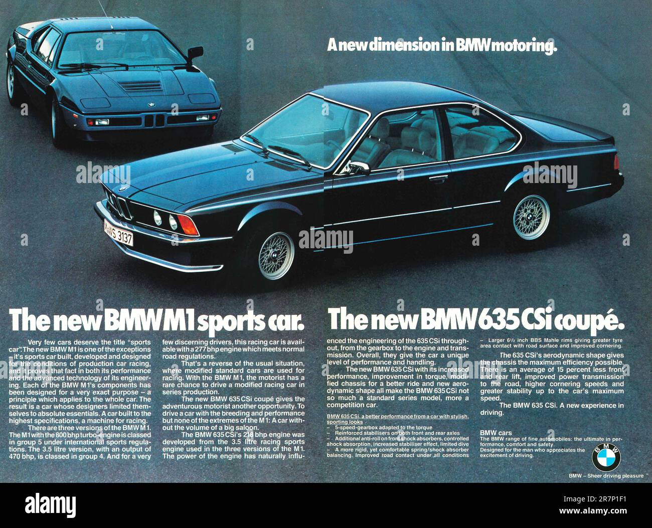 BMW M1, BMW 635 CSI Coupé-Werbeanzeige in einer Zeitschrift 1979 Stockfoto