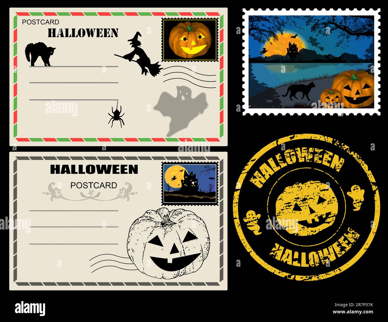 Halloween Postkarten und Briefmarken auf Schwarz, Vektorbild Stock Vektor