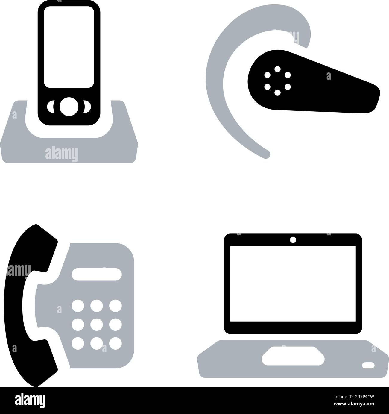 Zweifarbige Vektorsymbole von Kommunikationstools: Mobiltelefon mit Dok-Station, Headset, Bürotelefon und Laptop. Stock Vektor