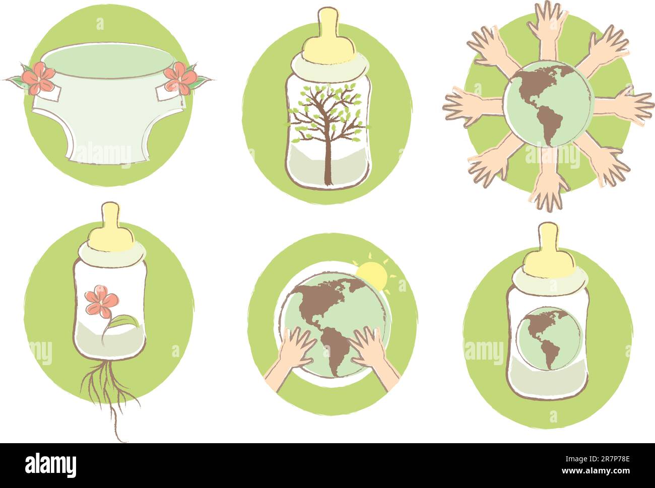 Ein Set mit Babyfotos mit einem umweltfreundlichen Thema. Stock Vektor