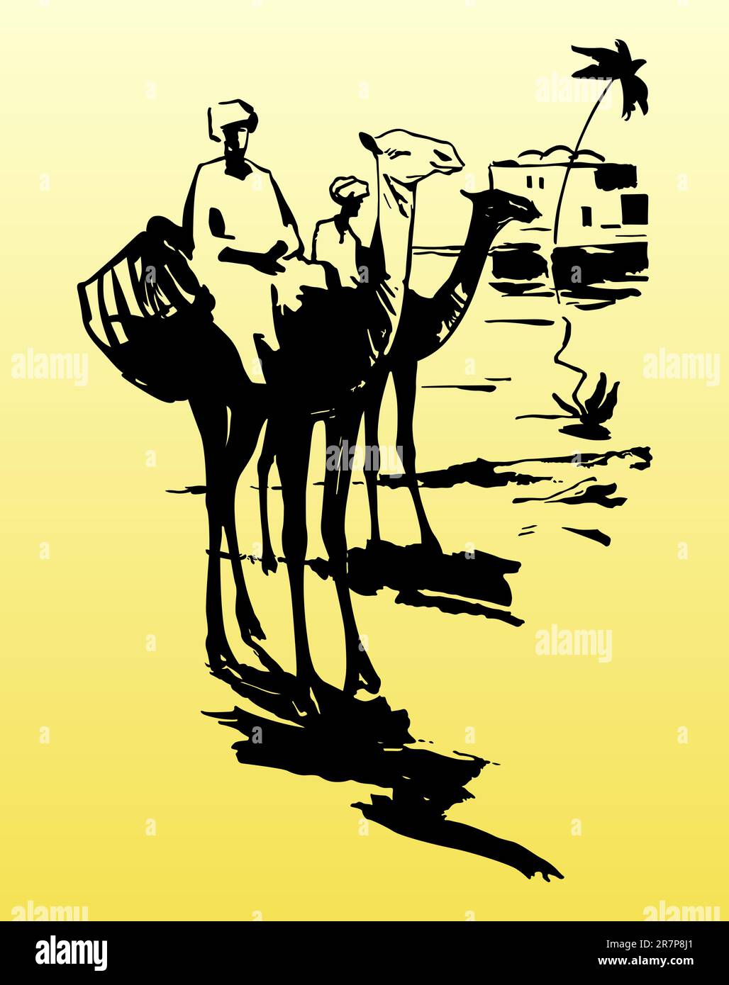 Kamele und beduinen in der Wüste auf Gelb Stock Vektor