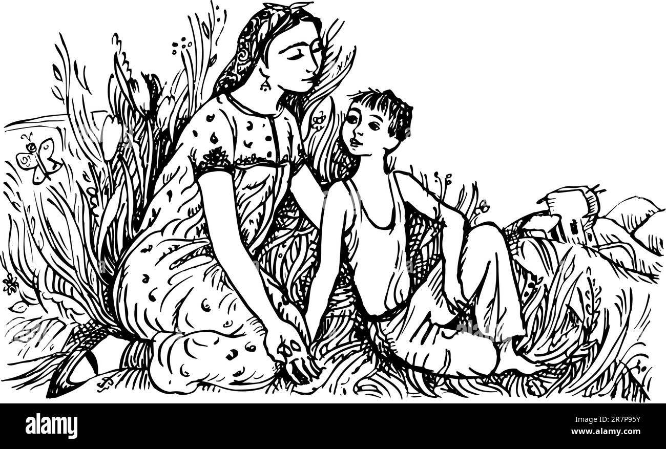 Mutter und Sohn sitzen auf dem Gras Stock Vektor