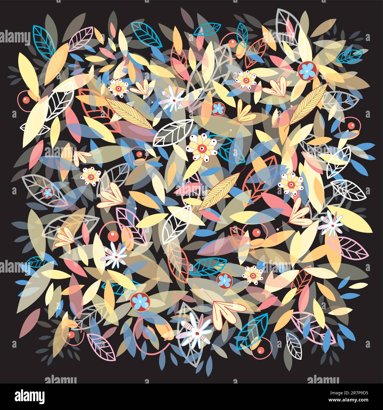 Der helle Herbst hinterlässt Beeren und Blumen auf schwarzem Hintergrund Stock Vektor