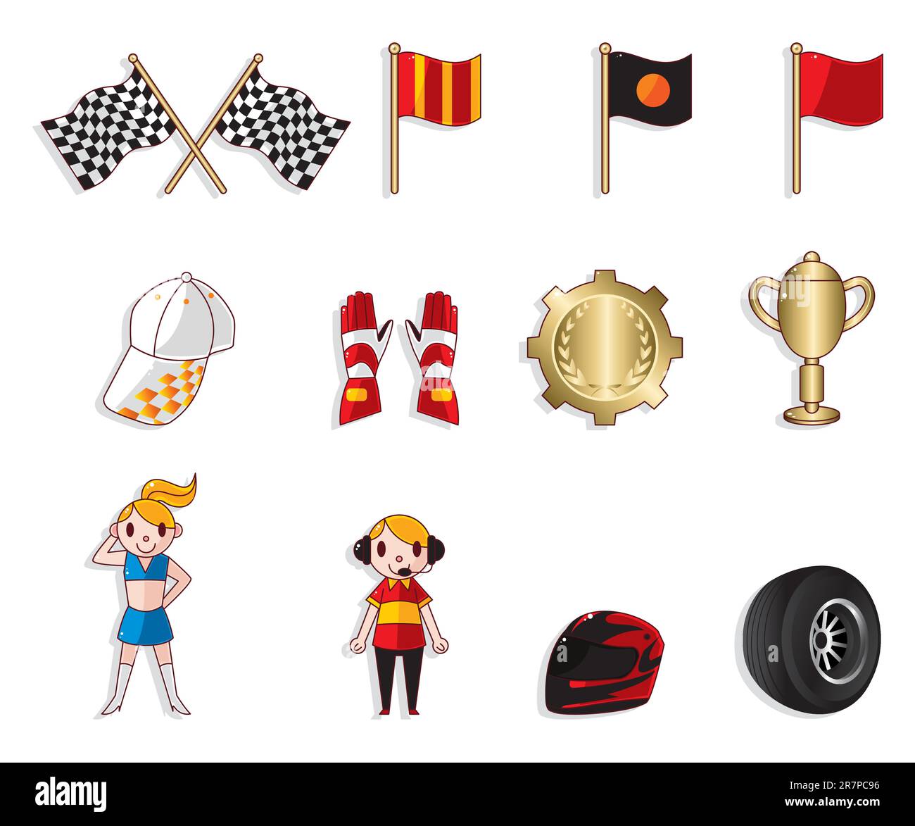 Cartoon F1 Autorennen Icon Set Stock Vektor