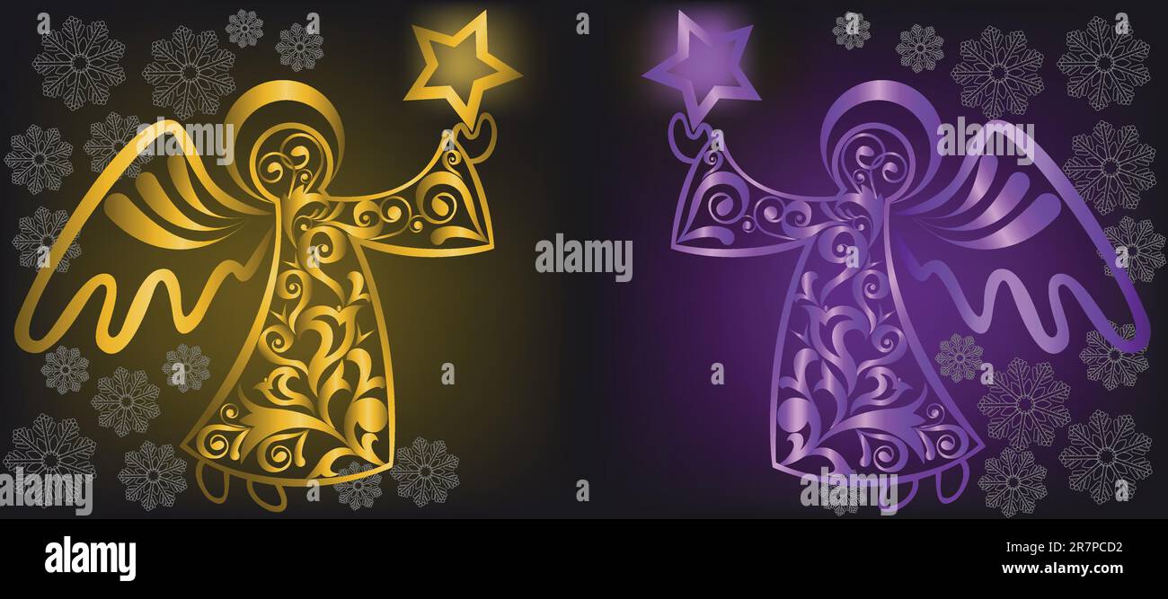 Zwei schimmernde Weihnachtsengel mit Sternen auf schwarzem Hintergrund Stock Vektor