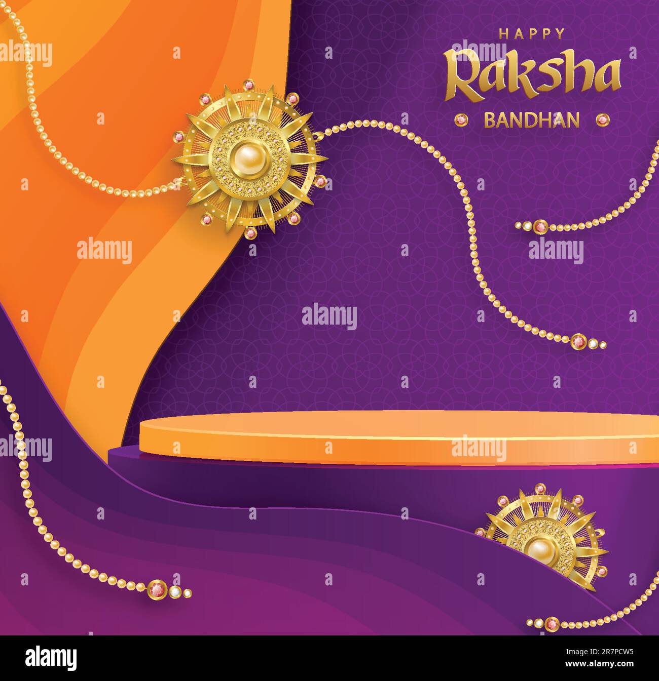 3D Runde Podiumsbühne für Happy Raksha Bandhan, das traditionelle indische Festival mit Rakhi-Elementen und Kristall auf farbigem Hintergrund Stock Vektor