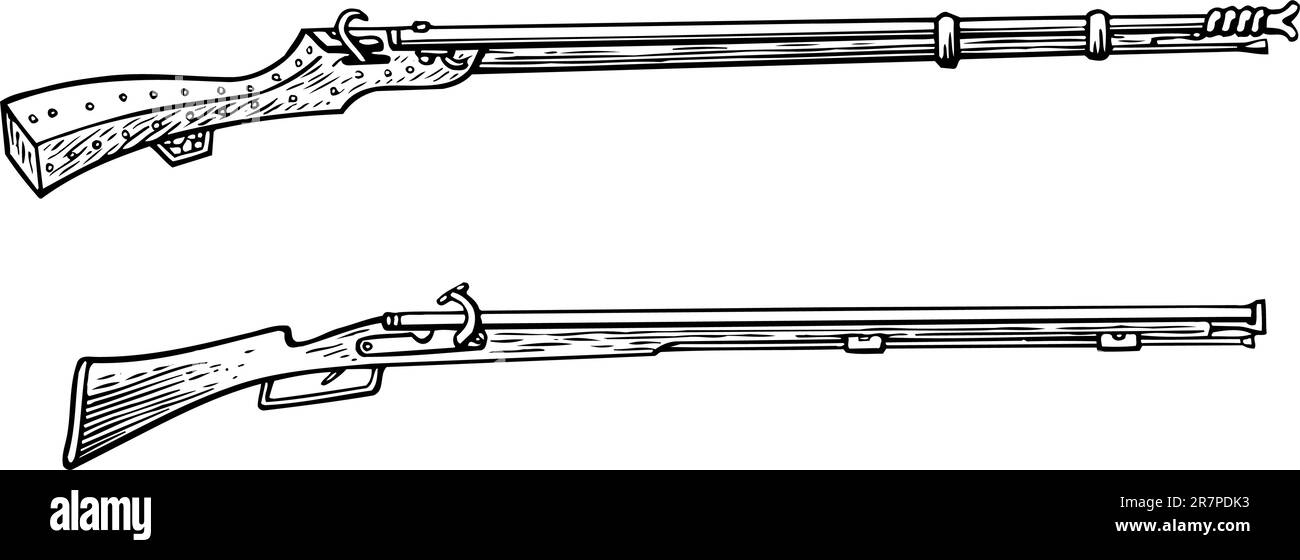 Die alte Waffe von zwei Jägern, isoliert auf Weiß Stock Vektor