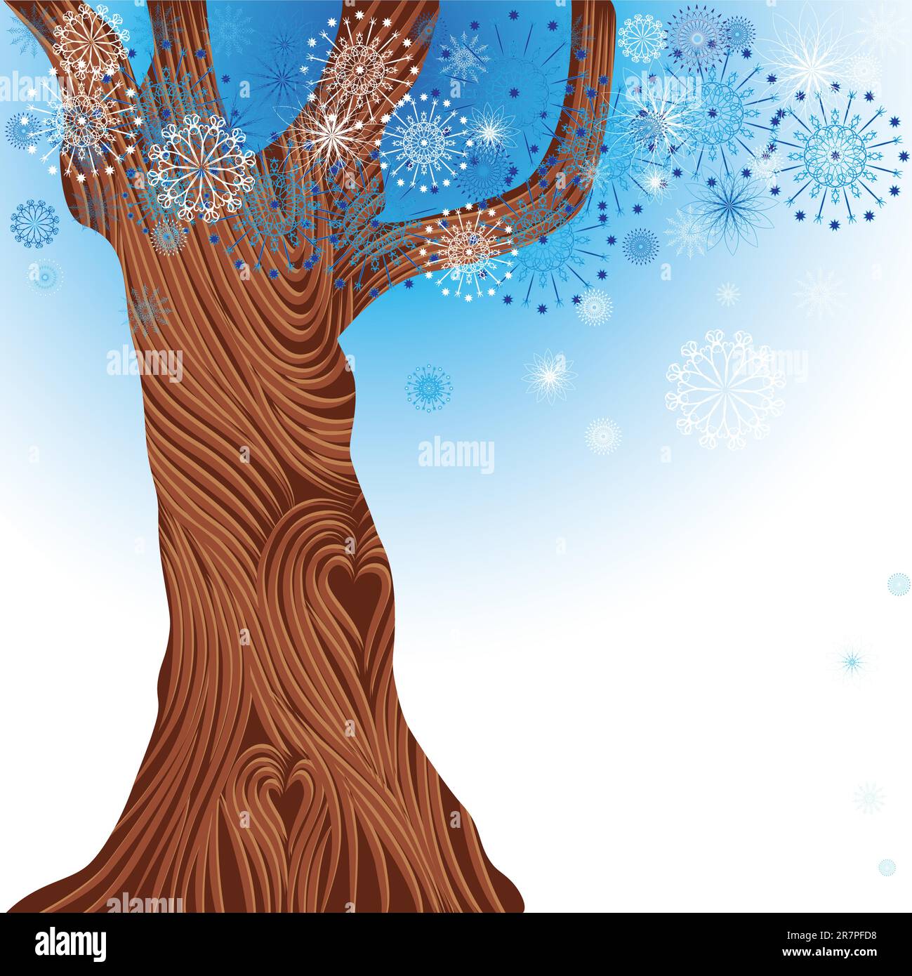 Dekorativer Winterbaum-Vektor, Schneeflocke-Hintergrund. Weihnachtsillustrierung. Stock Vektor