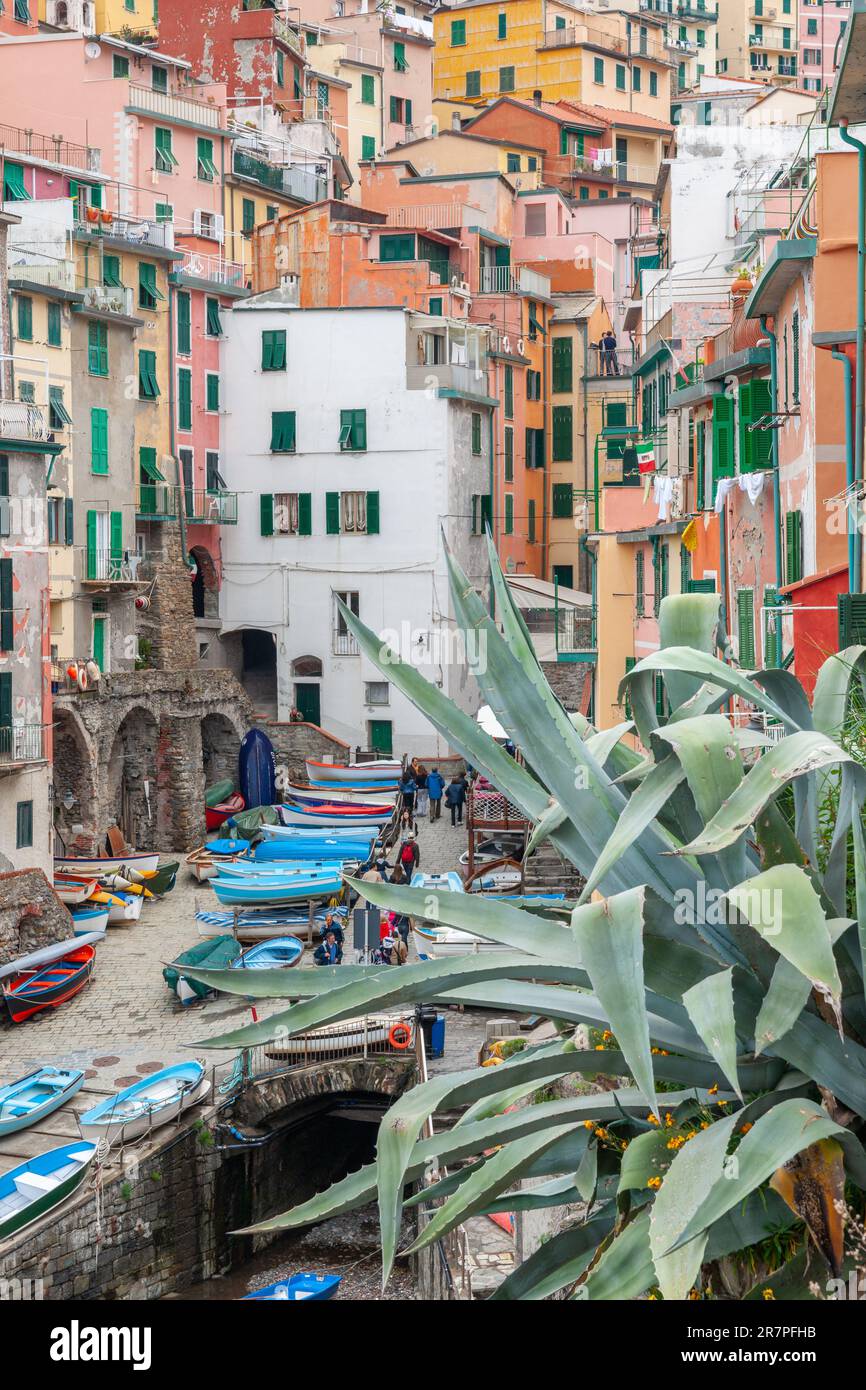 Riomaggiore Italien - 23 2011. April; traditionelle rustikale Häuser und Hügel in einem typisch italienischen Fischerdorf Stockfoto