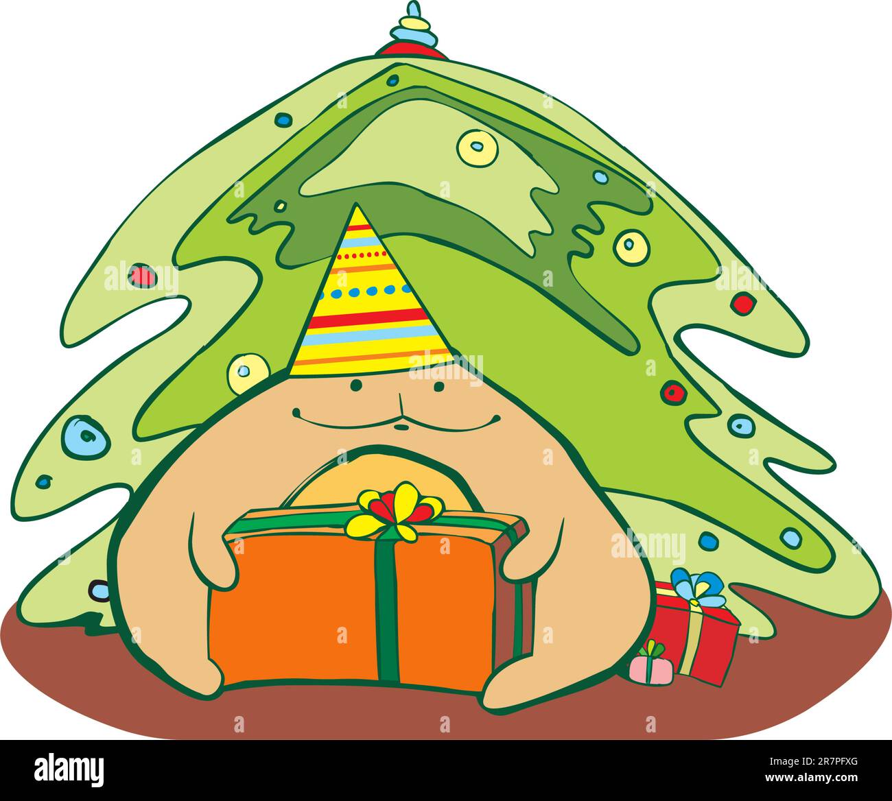 Ein lustiges Tier in der Nähe eines Weihnachtspelzbaums mit einem Geschenk Stock Vektor