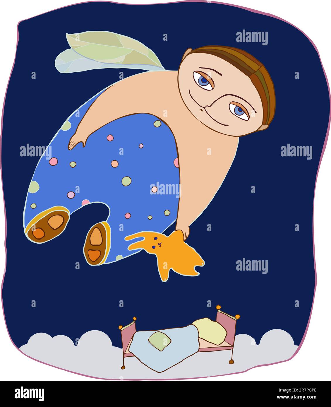Ein kleiner Junge im Schlafanzug mit einem Spielzeug in der Hand fliegt über das Bett. Träume von dem kleinen Jungen Stock Vektor